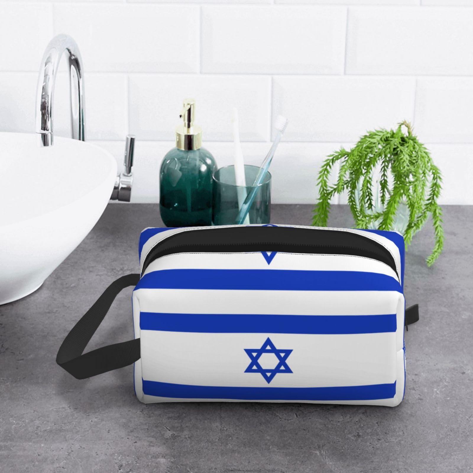SXZVVBN Israeli flag large capacity travel toiletry bag made of durable Oxford cloth, with compartments for cosmetics and makeup storage.