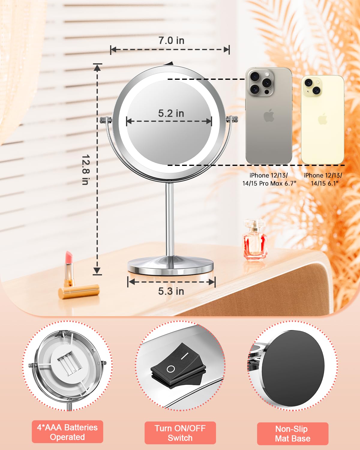 Benbilry 10X Magnifying LED Makeup Mirror, 7" Double Sided Standing Mirror for Desk – close-up detail