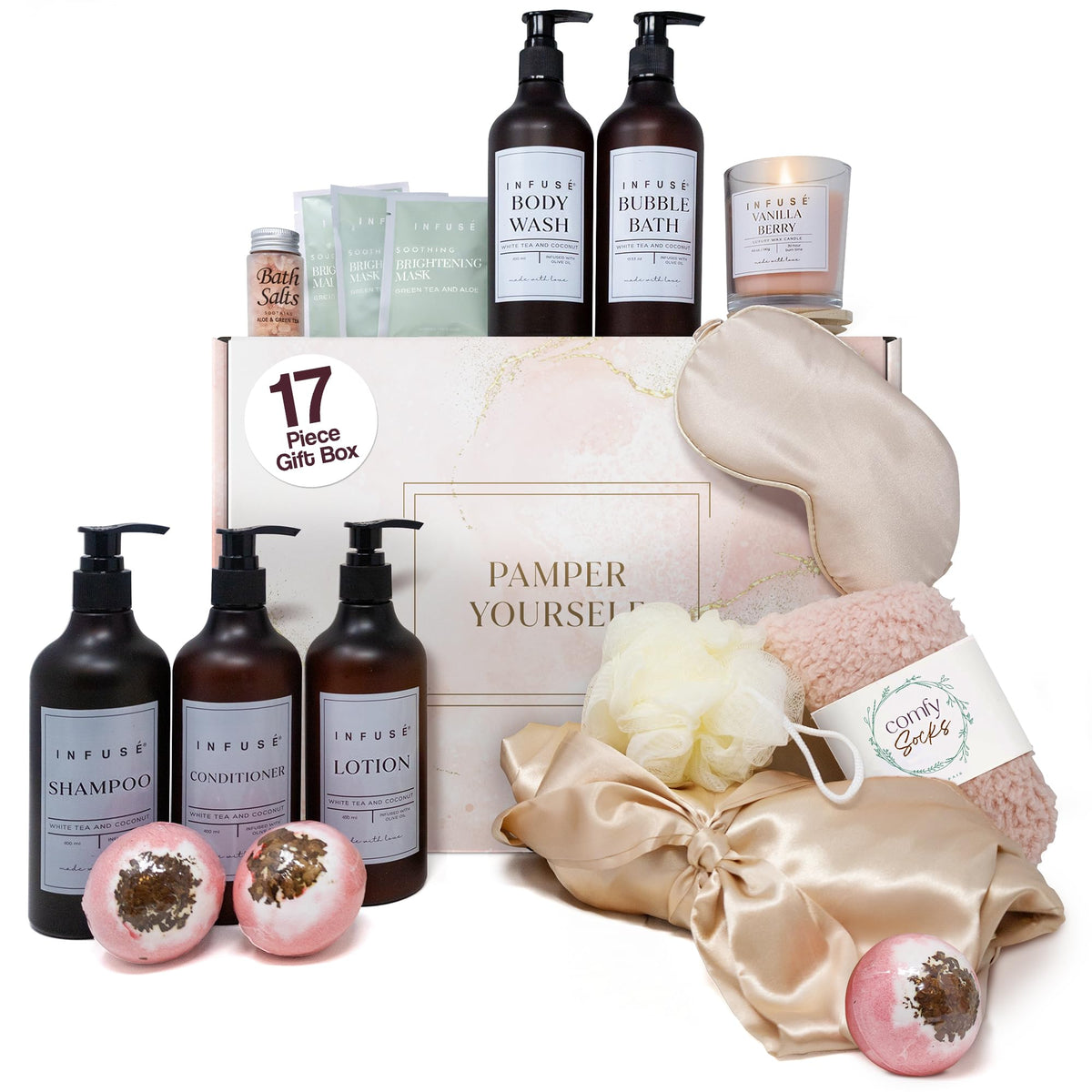 INFUS&Eacute; 17-Piece Spa Gift Box for Women | Includes Eye Mask, Candle, Robe, Loofa, Bath Bombs, Face Masks, Bubble B