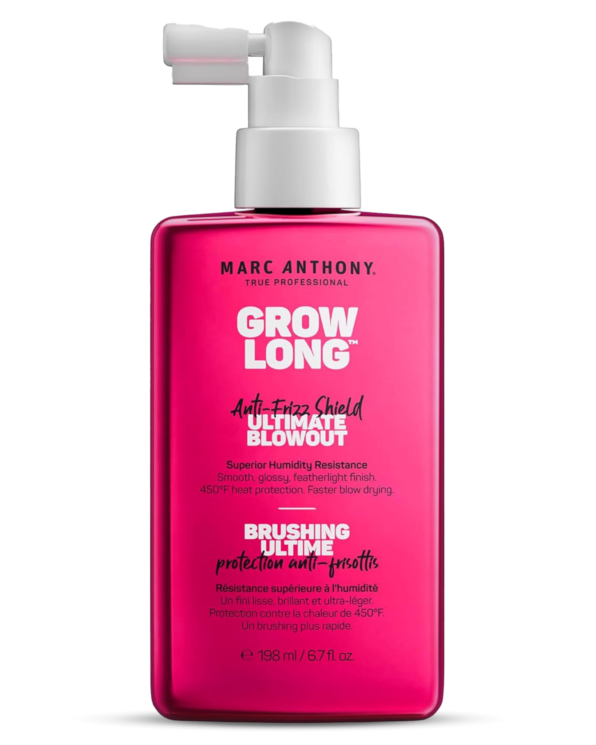 Marc Anthony Grow Long Blowout anti-frizz heat spray for hair styling, showing the spray bottle with nozzle and product label.