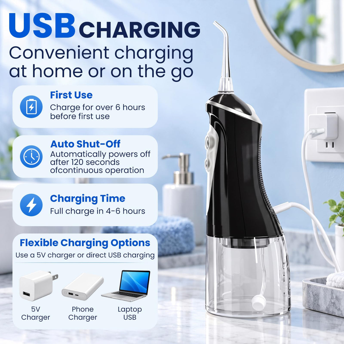 Xsmfyh Portable & Cordless Water Flosser, 6 Speed & DIY, 320ML Detachable Tank – alternate angle