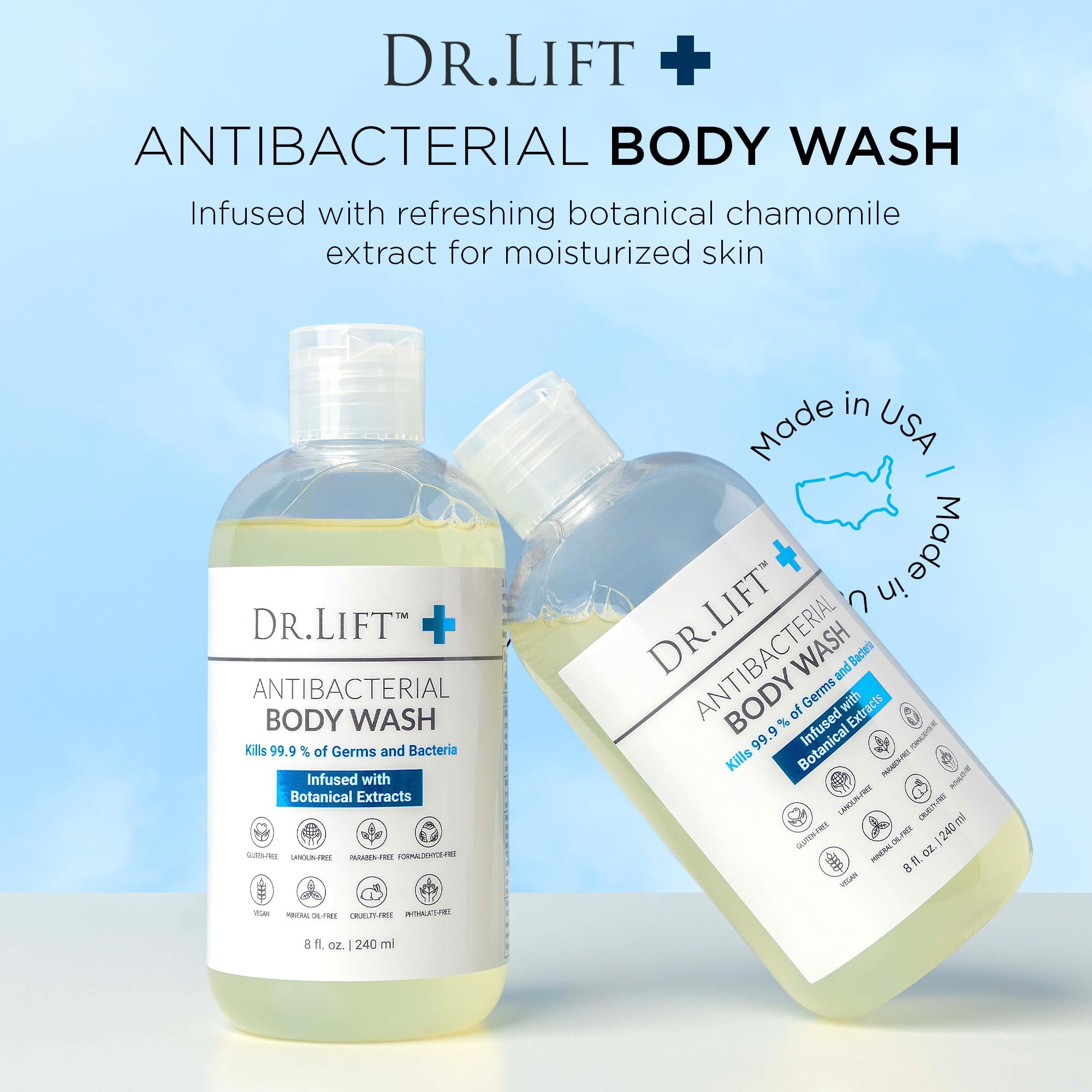 Dr. Lift Antibacterial Lemon Body Wash with spirulina, vegan skin cleaning agent in an 8 fl oz bottle.