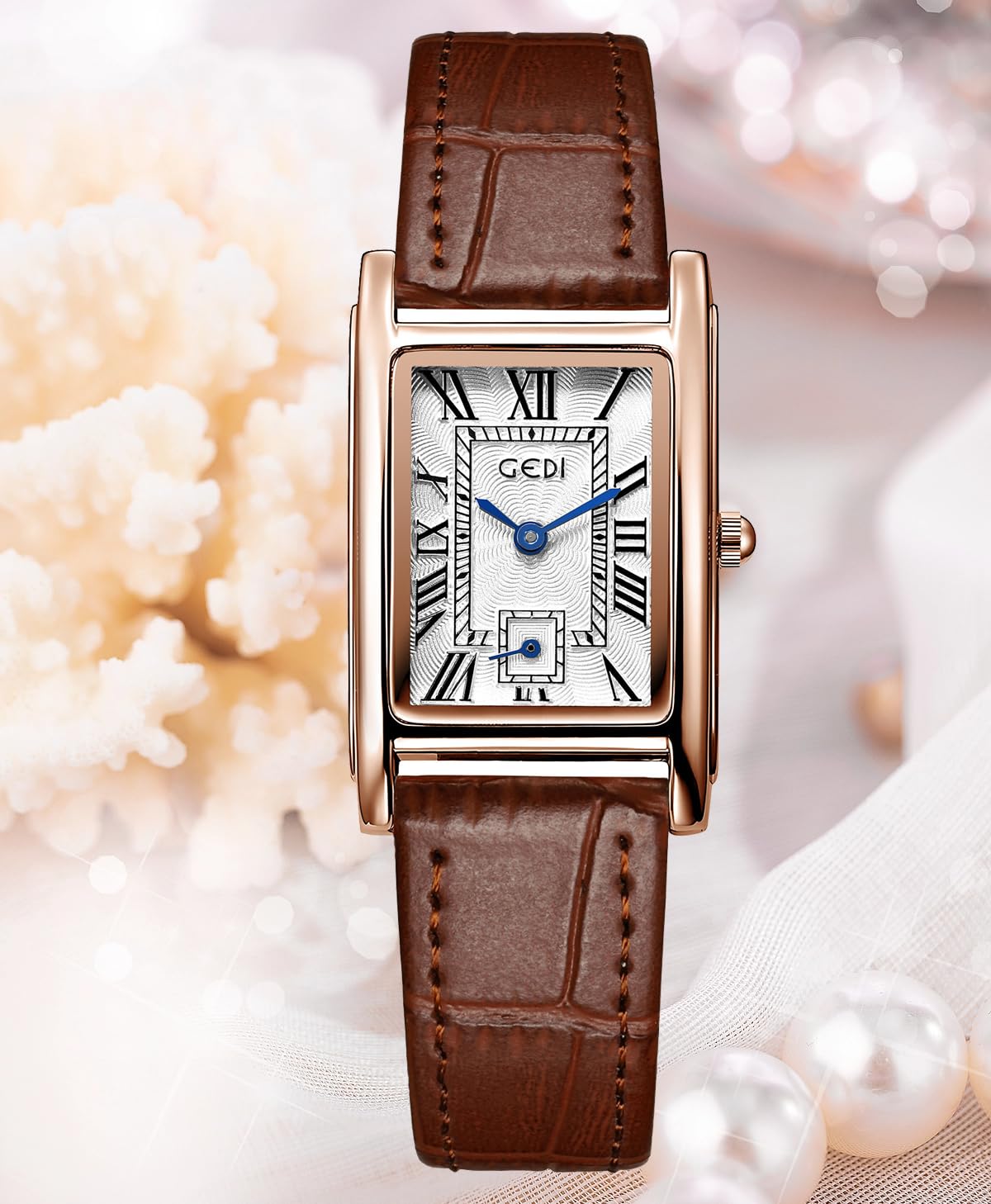 FANMIS Women's Vintage Rectangular Leather Strap Watches – close-up detail in Brown