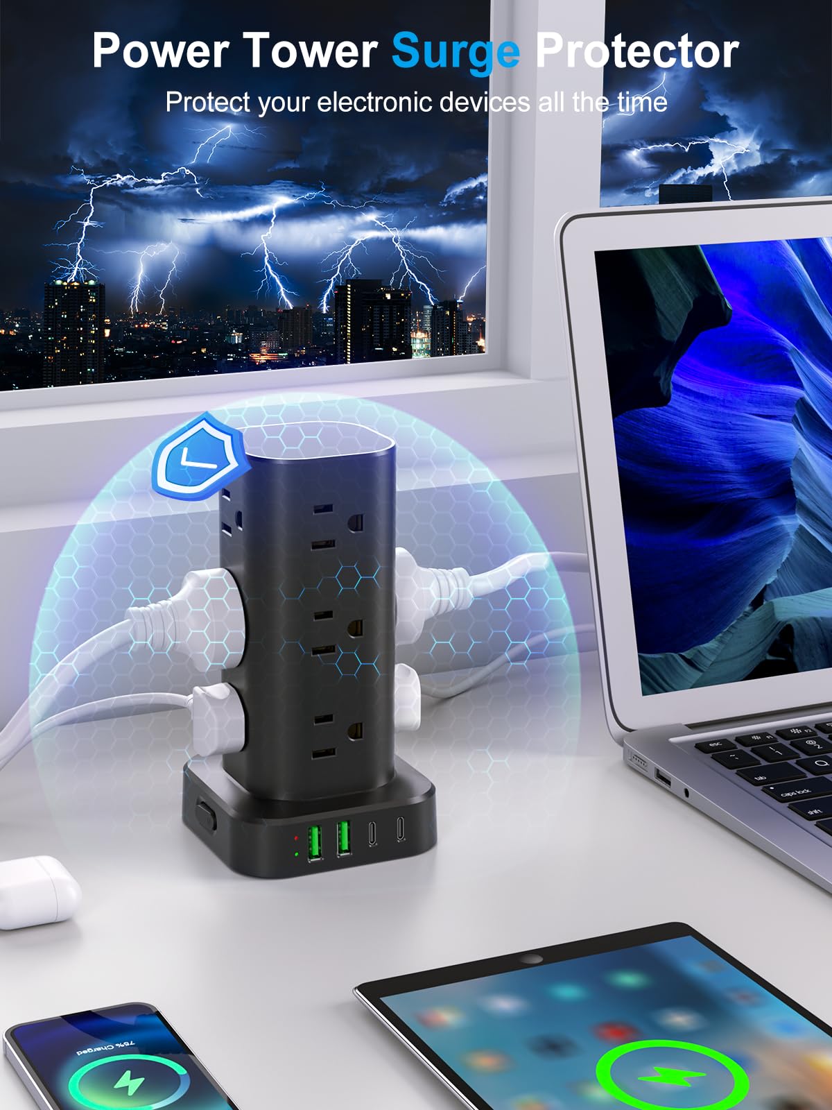 UWIWUTEI 6FT Power Strip Tower with Wireless Charger,Surge Protector with 12 Outlets – full view