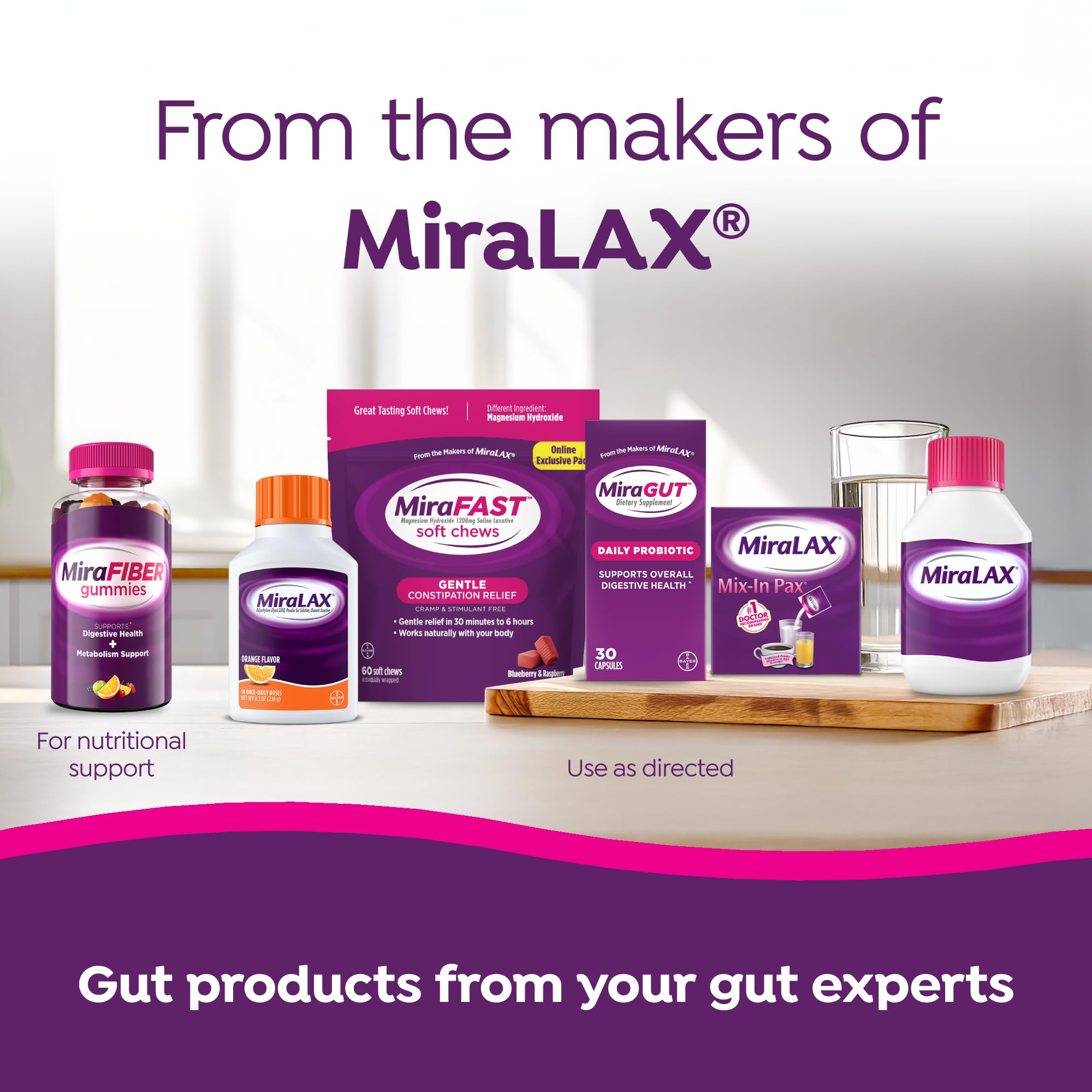 MiraGUT Daily Probiotic, from the Makers of MiraLAX, Probiotics for Digestive Health, Gluten-Free Supplement, Probiotic for Women and Men, Support Overall Digestive Health, 30 Ct
