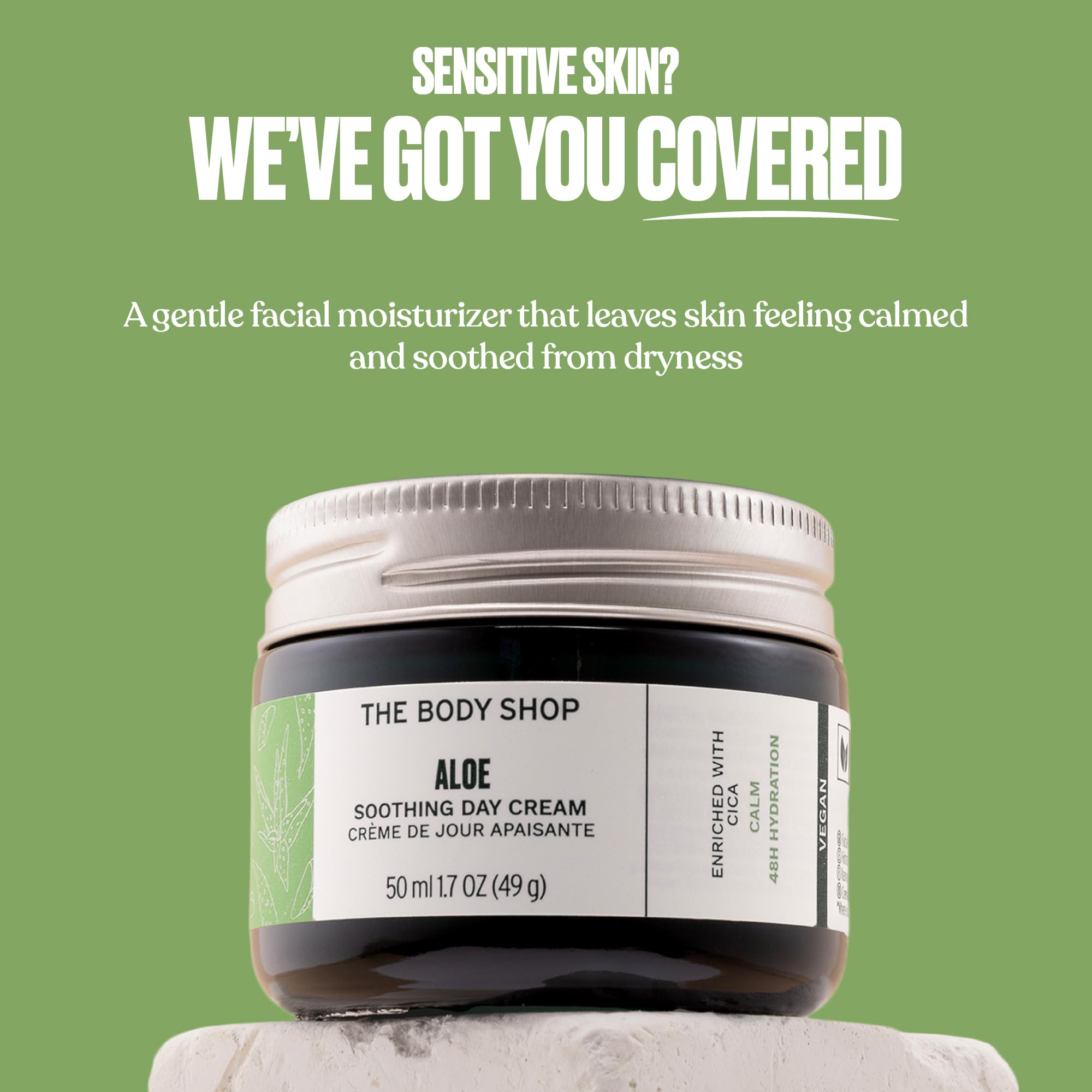 The Body Shop Aloe Vera Day Cream for sensitive skin, 50ml, in a white jar with a green label and lid, showing the moisturizer inside.