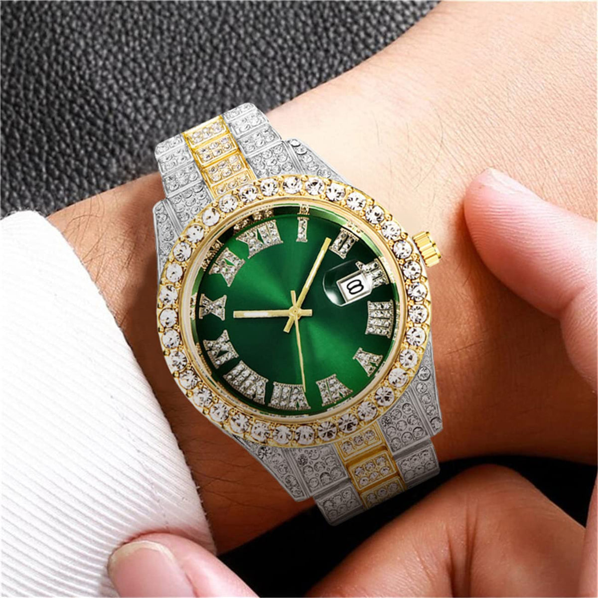 CdyBox 3 Pack Luxury Men Hip Hop Watch with Roman Scale Calendar Diamond Wrist Watch Stainless Steel Watches – alternate