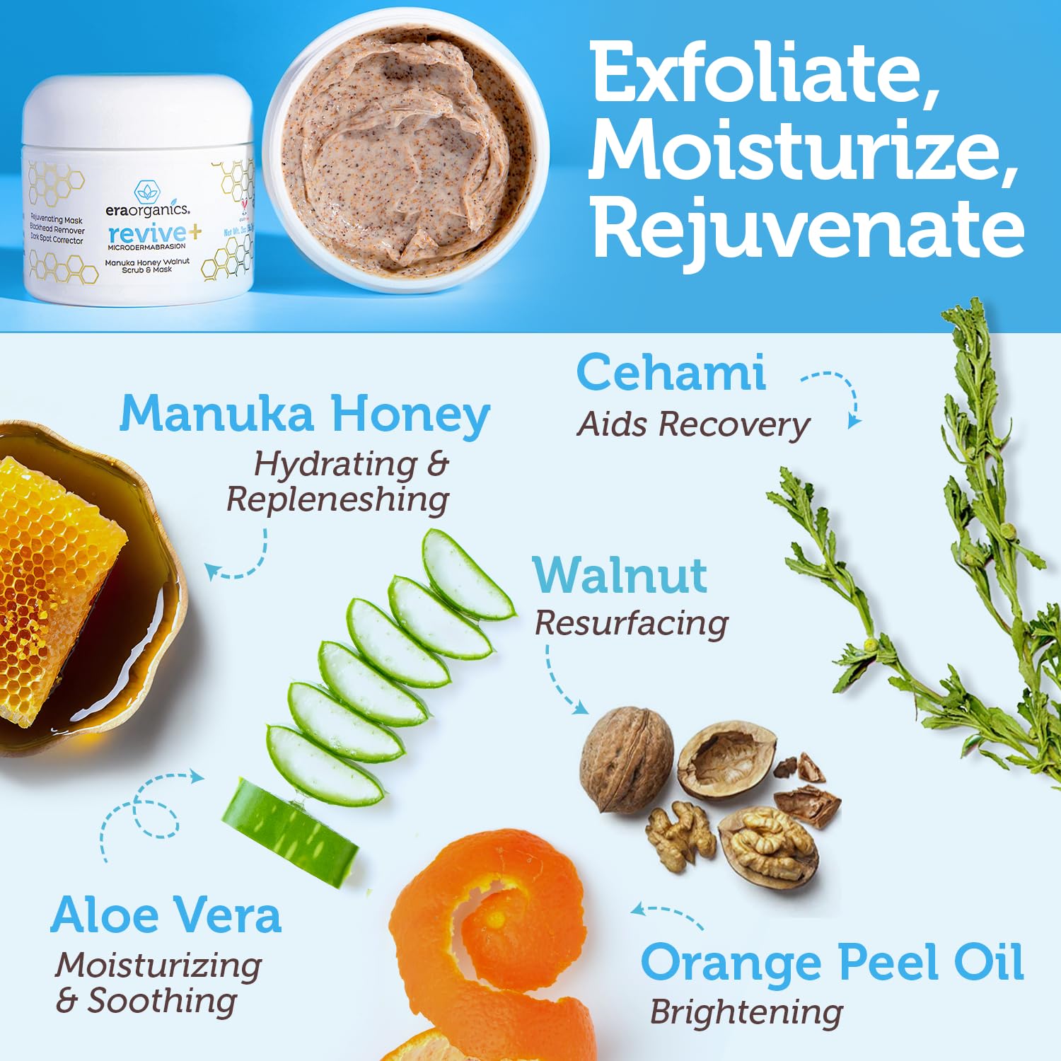 Era Organics Manuka Honey facial scrub with microdermabrasion exfoliating particles for smooth, refreshed skin.
