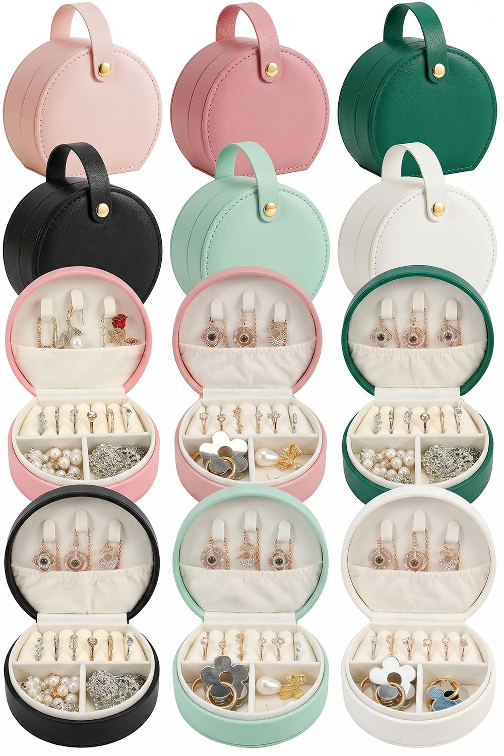 RFCAW Travel Jewelry Box Multi-Pack, Small Round Faux Leather Portable Organizer for Rings, Necklaces, Earrings, DIY Vin