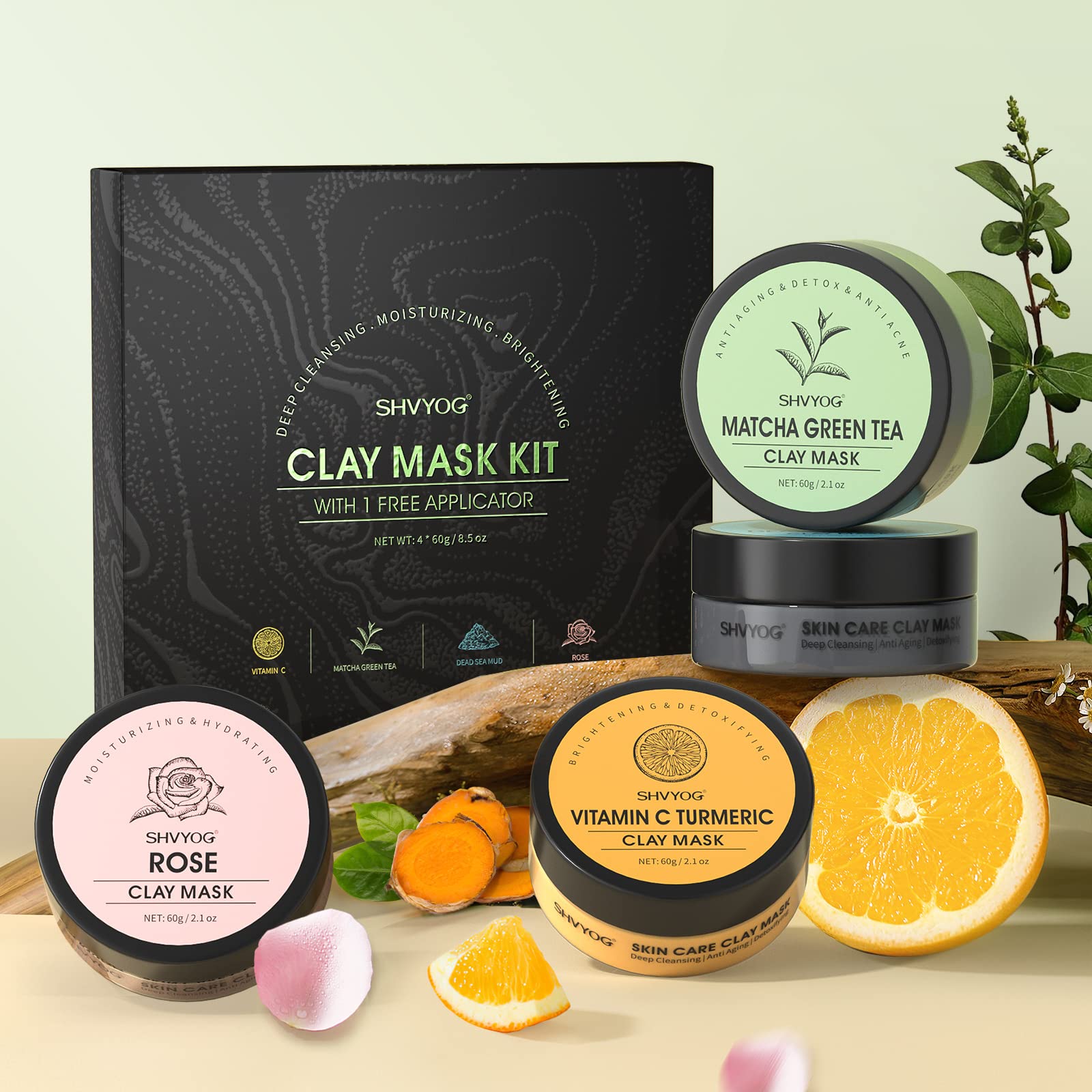 SHVYOG 4-piece face mask set with turmeric clay, vitamin C, green tea, rose, and Dead Sea mud masks for deep skin cleansing.