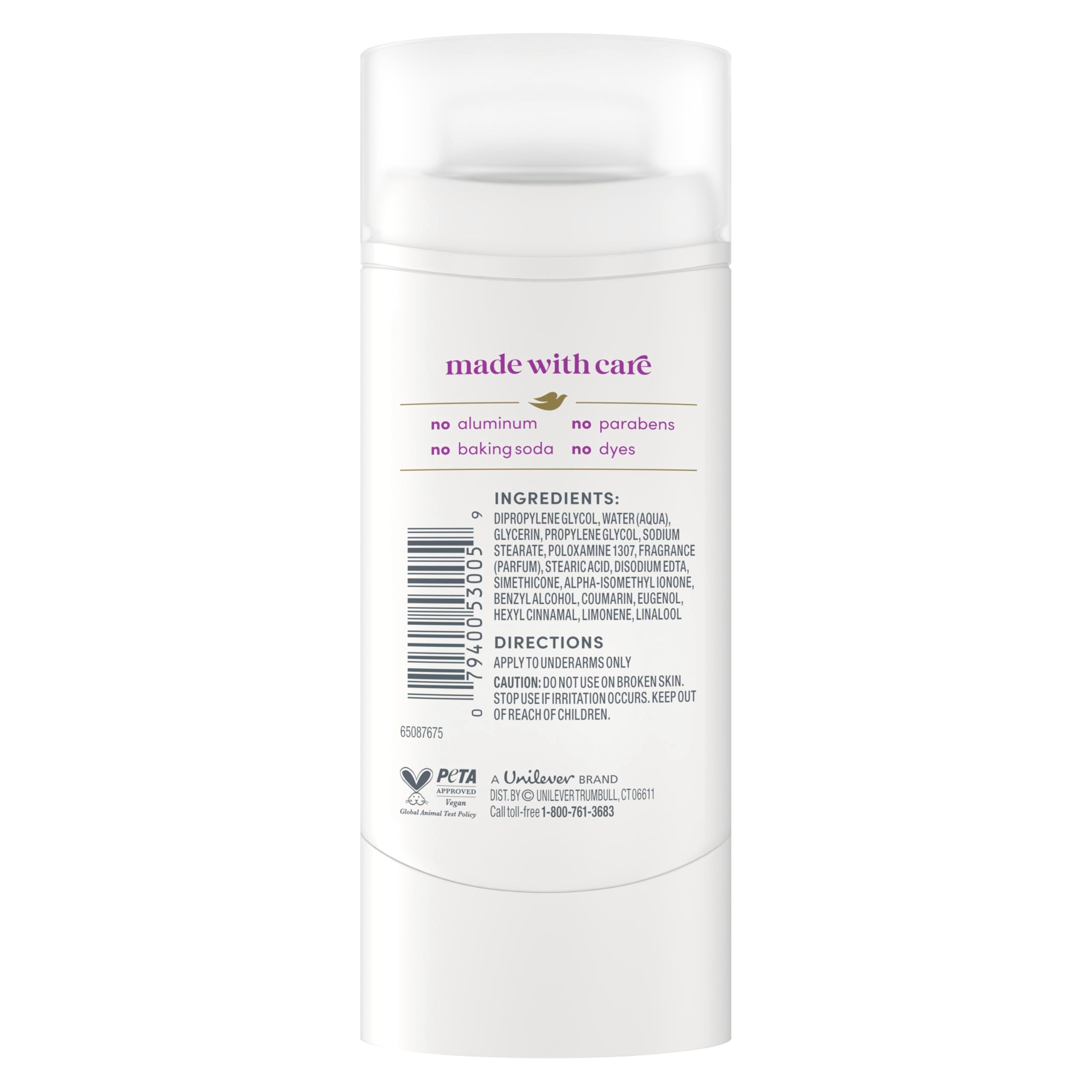 Dove aluminum-free deodorant stick with coconut and pink jasmine scent, 2.4 oz, natural body deodorant for freshness