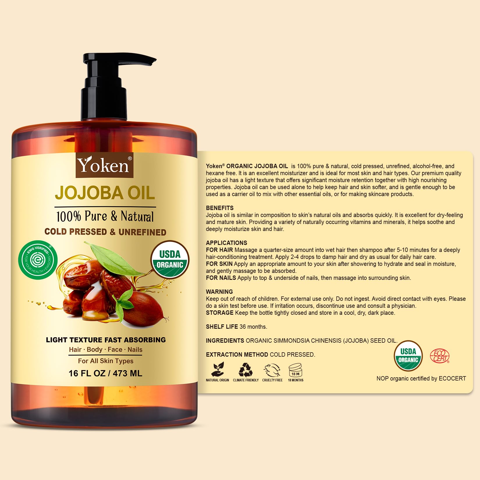 Yoken Organic Jojoba Oil USDA Certified Cold Pressed 16oz