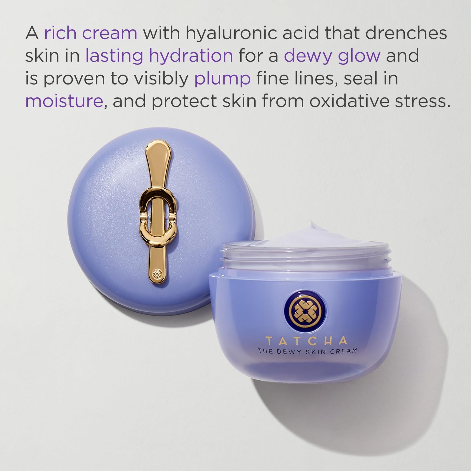 TATCHA The Dewy Skin Cream Rich moisturizer jar with white lid, showcasing the luxurious skincare product in a 1.7oz container.