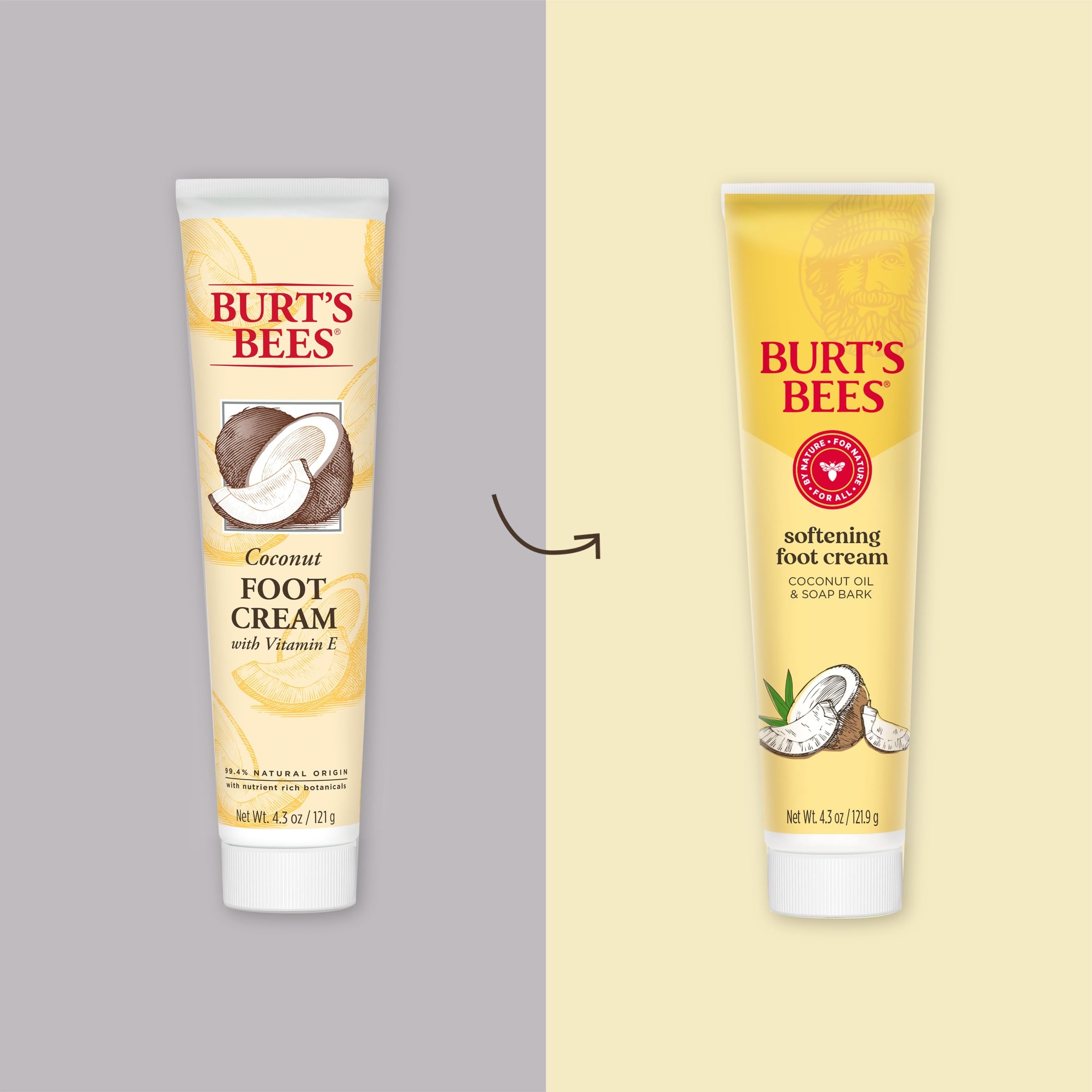 Burt's Bees Softening Foot Cream with coconut oil and soap bark, 4.3 oz, in a pack of three, showing the moisturizing cream tube.