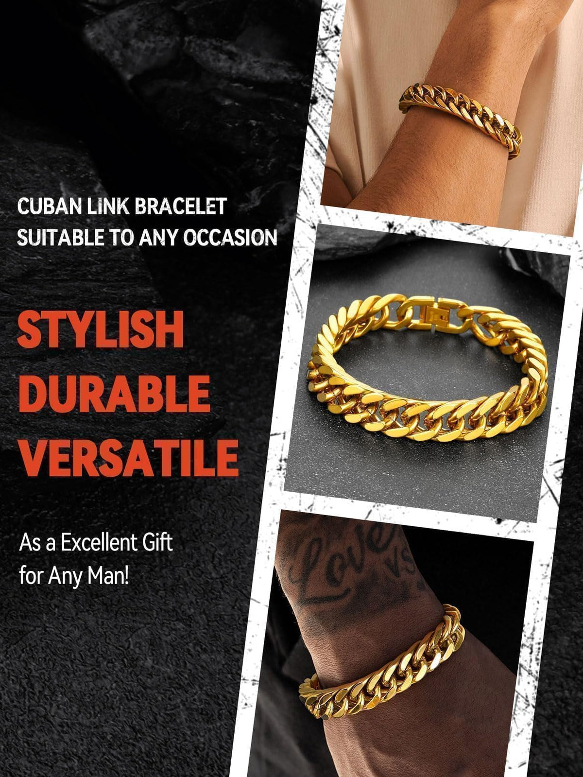 FaithHeart Mens Stainless Steel Cuban Link Bracelet, Tarnish Resistant – Gold-12mm Width, Stainless Steel