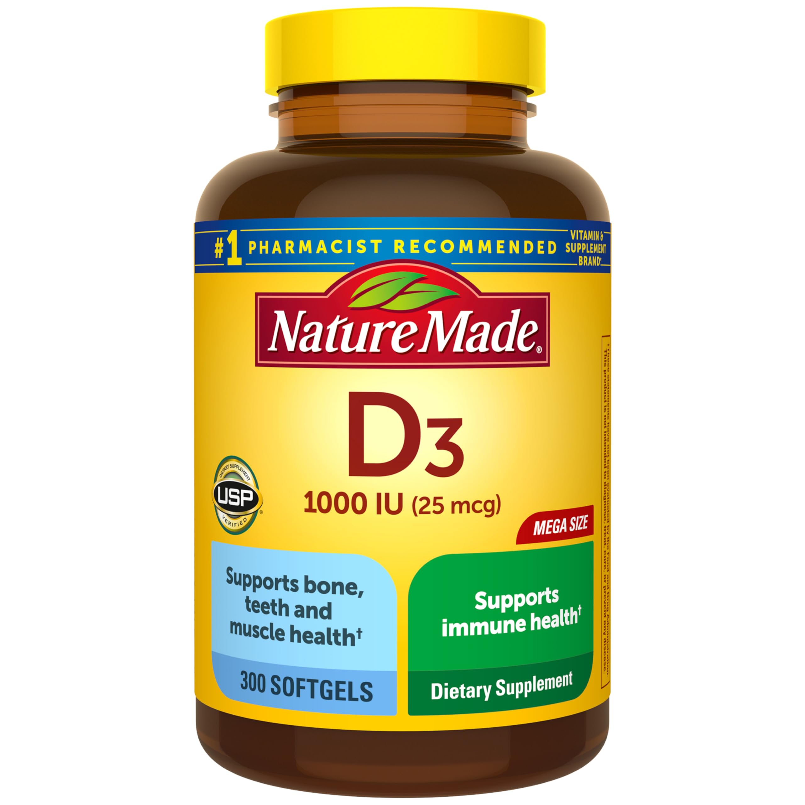 Nature Made Vitamin D3 1000 IU (25 mcg), 300 Vitamin D Softgels - Product Imagery