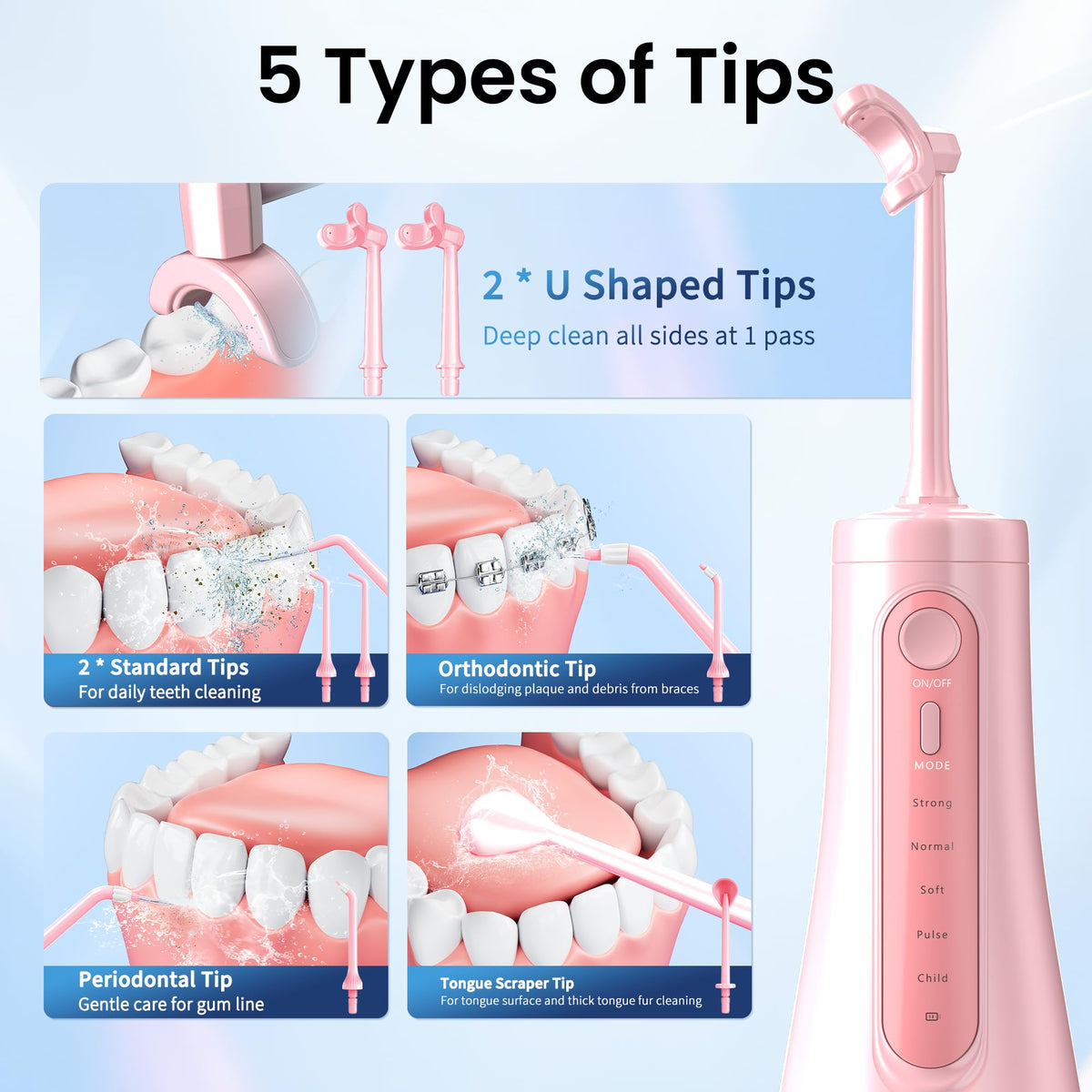 Ducard Cordless Water Flosser with U-Shaped Nozzle, 350ML Tank, 7 Jet Tips – alternate angle