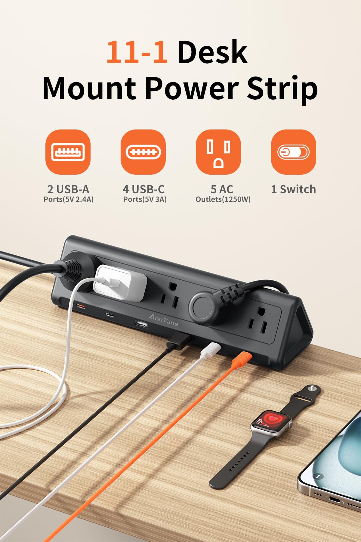 AnnTane Desk Clamp Power Strip USBC, 40W Fast Charging, 10 Ft, Black – product photo (Power Strips)
