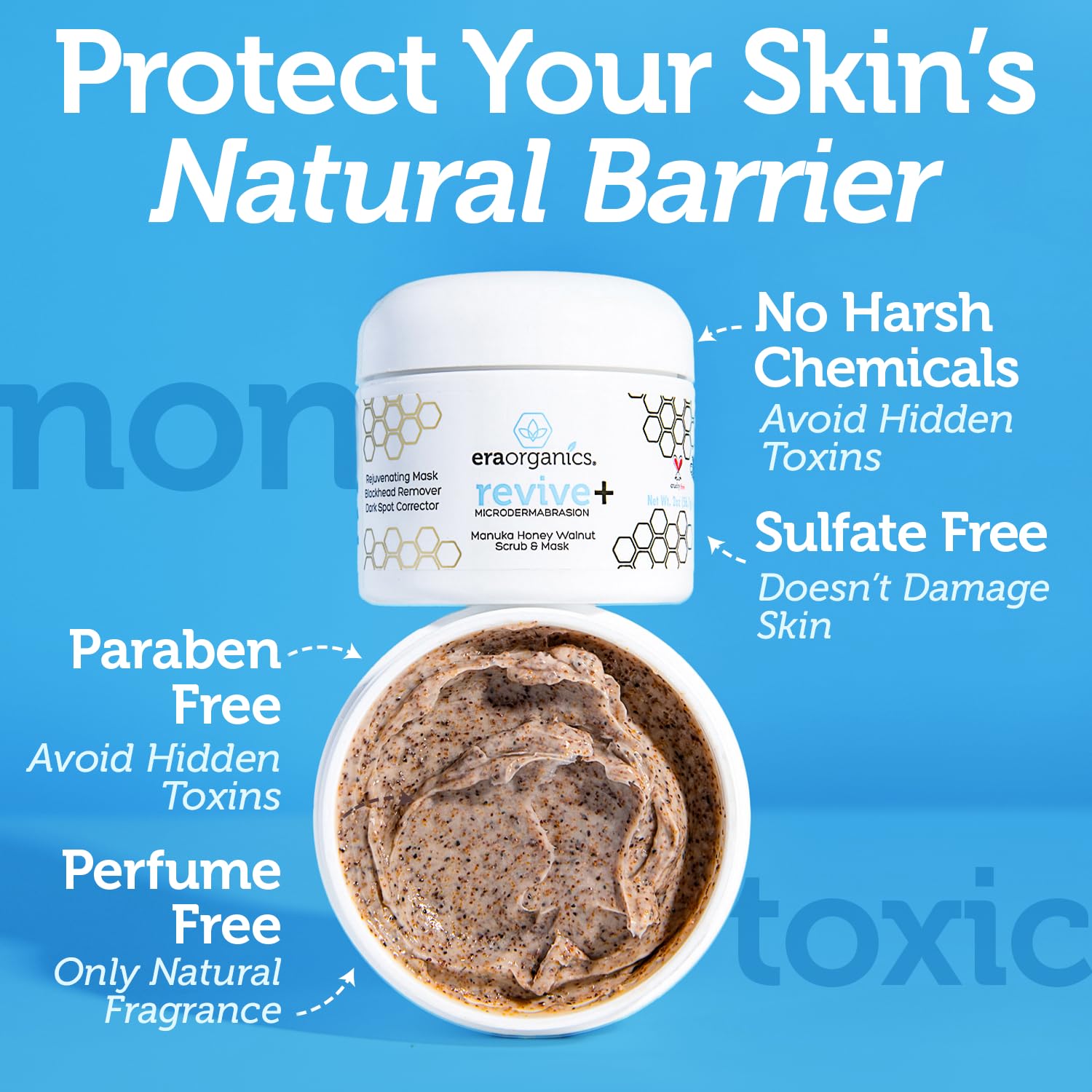 Era Organics Manuka Honey exfoliating facial scrub with microdermabrasion particles for gentle skin exfoliation and rejuvenation.