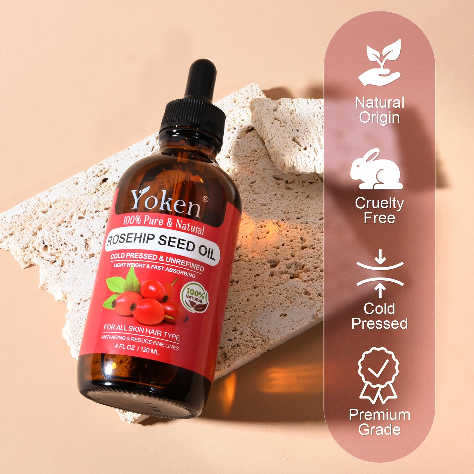 Yoken Cold Pressed Organic Rosehip Seed Oil for Face, Hair & Body, 4 fl oz