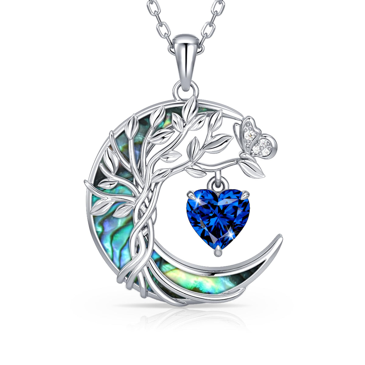 Distance Tree of Life Birthstone Necklace for Women, S925 Sterling Silver Premium Abalone Shell Moon Pendant, Heart Birt