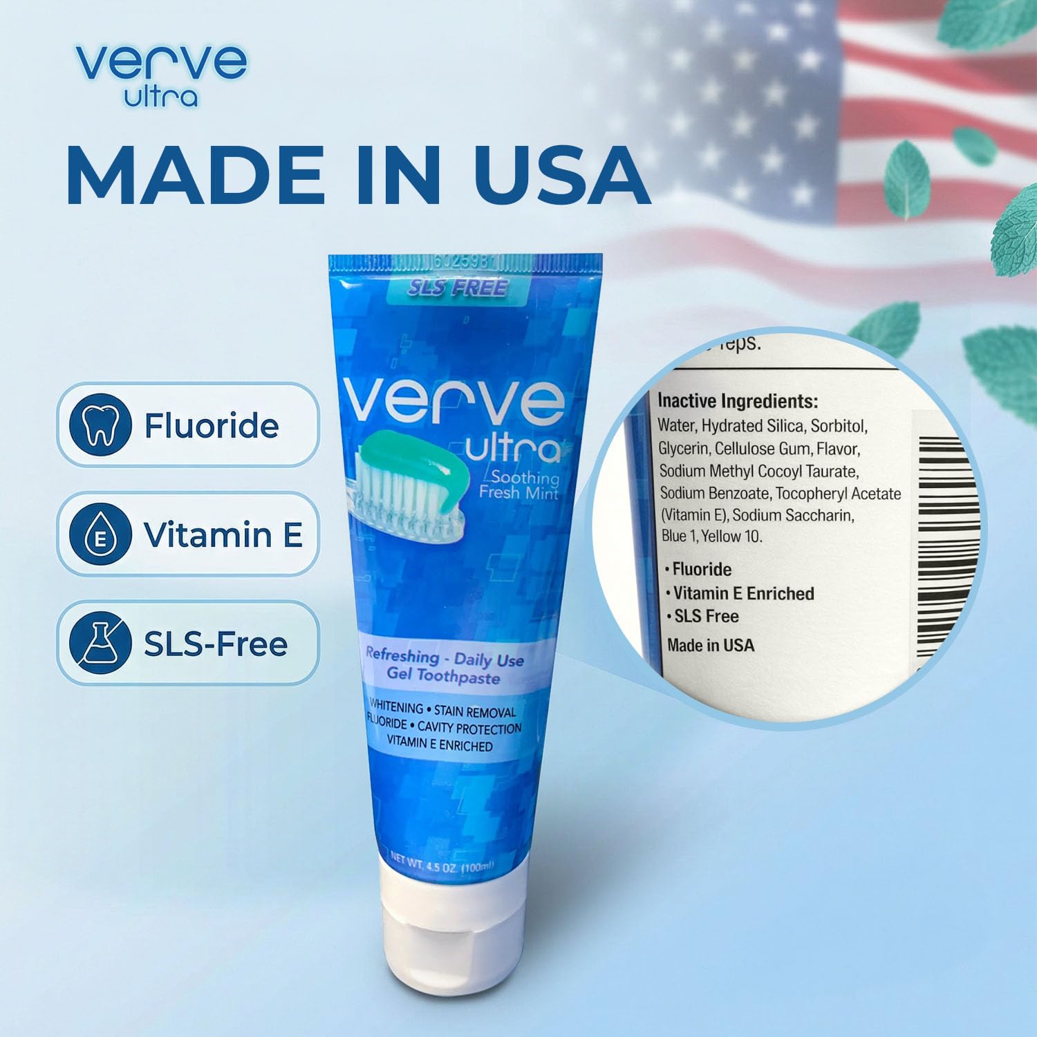 Verve Ultra SLS-Free Toothpaste with Fluoride Fresh Mint, SLS Free Toothpaste for Daily Use, Vitamin-E Enriched, Cruelty Free Cavity Protection, Made in USA, 4.5 oz