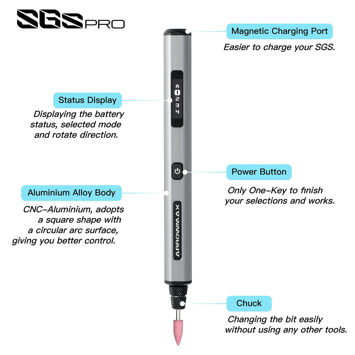 AM ARROWMAX Mini Engraving Pen, Rotary Tool with 42 Bits, Aluminum Case, Smart Motion Control, OLED, APP, Magnetic Charg