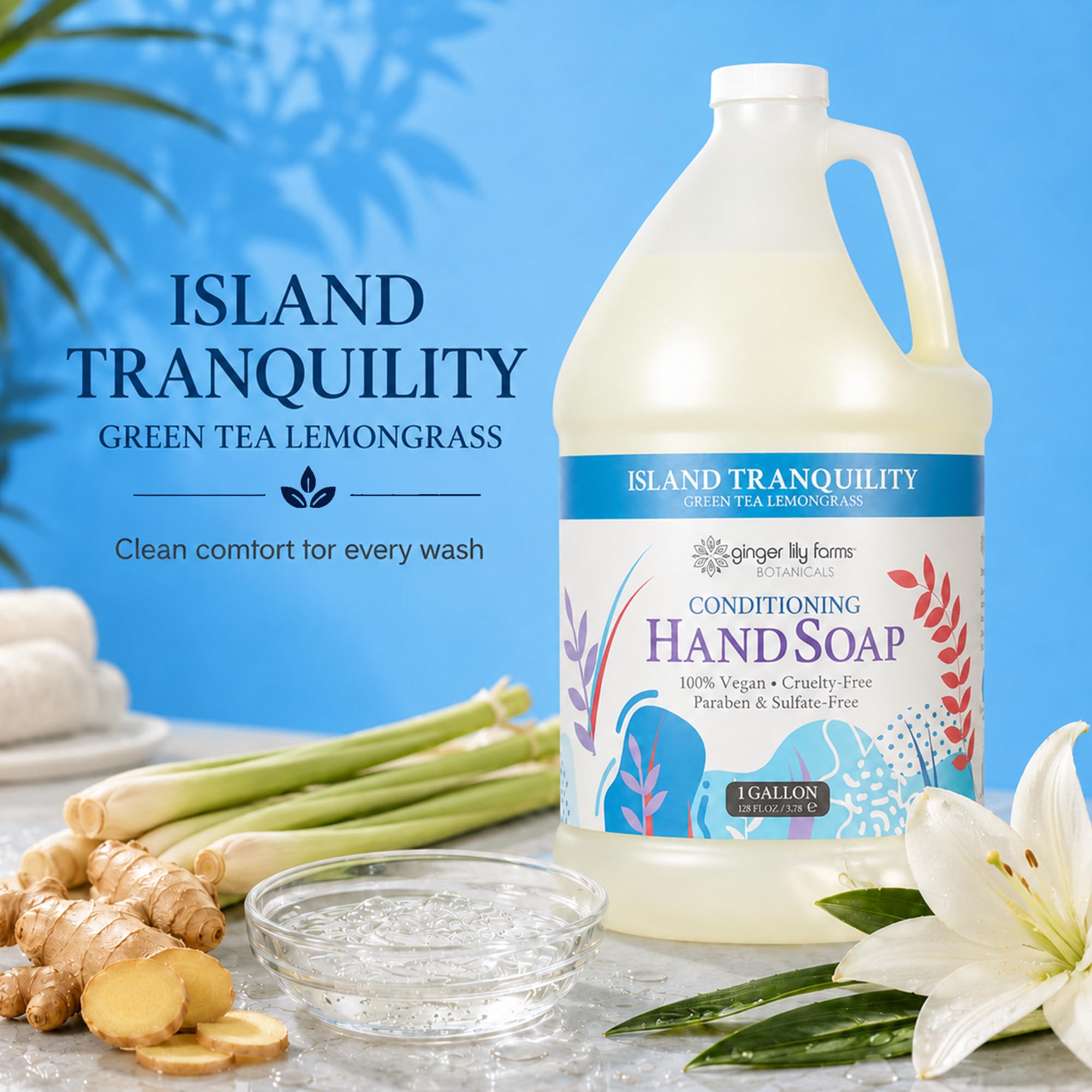Ginger Lily Farms 1 Gal Green Tea Lemongrass hand soap in a large pump bottle for skin cleaning and freshness.