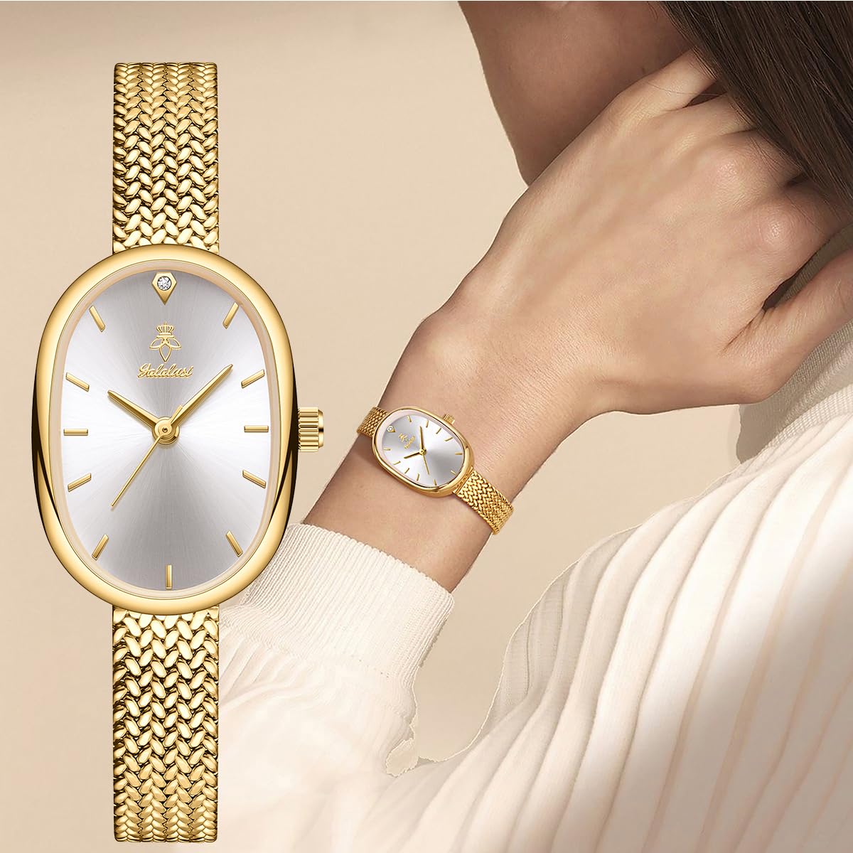 MASTOP Petite Vintage Oval Gold Bracelet Watch for Women, Fits Small Wrists – back view and specifications