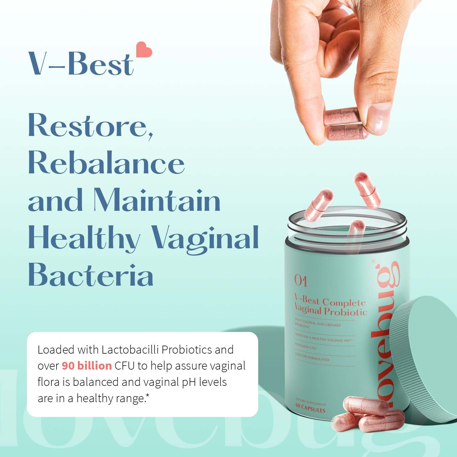 Lovebug V-Best vaginal probiotics supplement for women in a bottle, featuring 90 billion CFU for supporting feminine health.