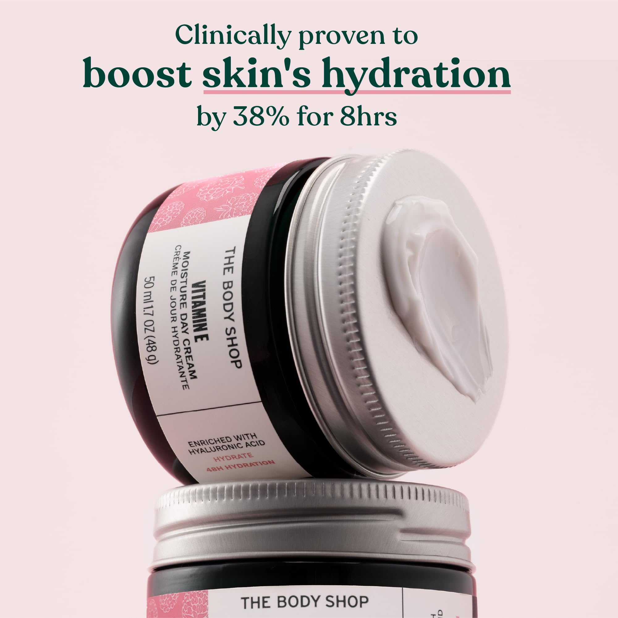 The Body Shop Vitamin E Moisture Cream in 3.4 oz jar, fast-absorbing skin moisturizer for hydration, hydration, and skin protection.