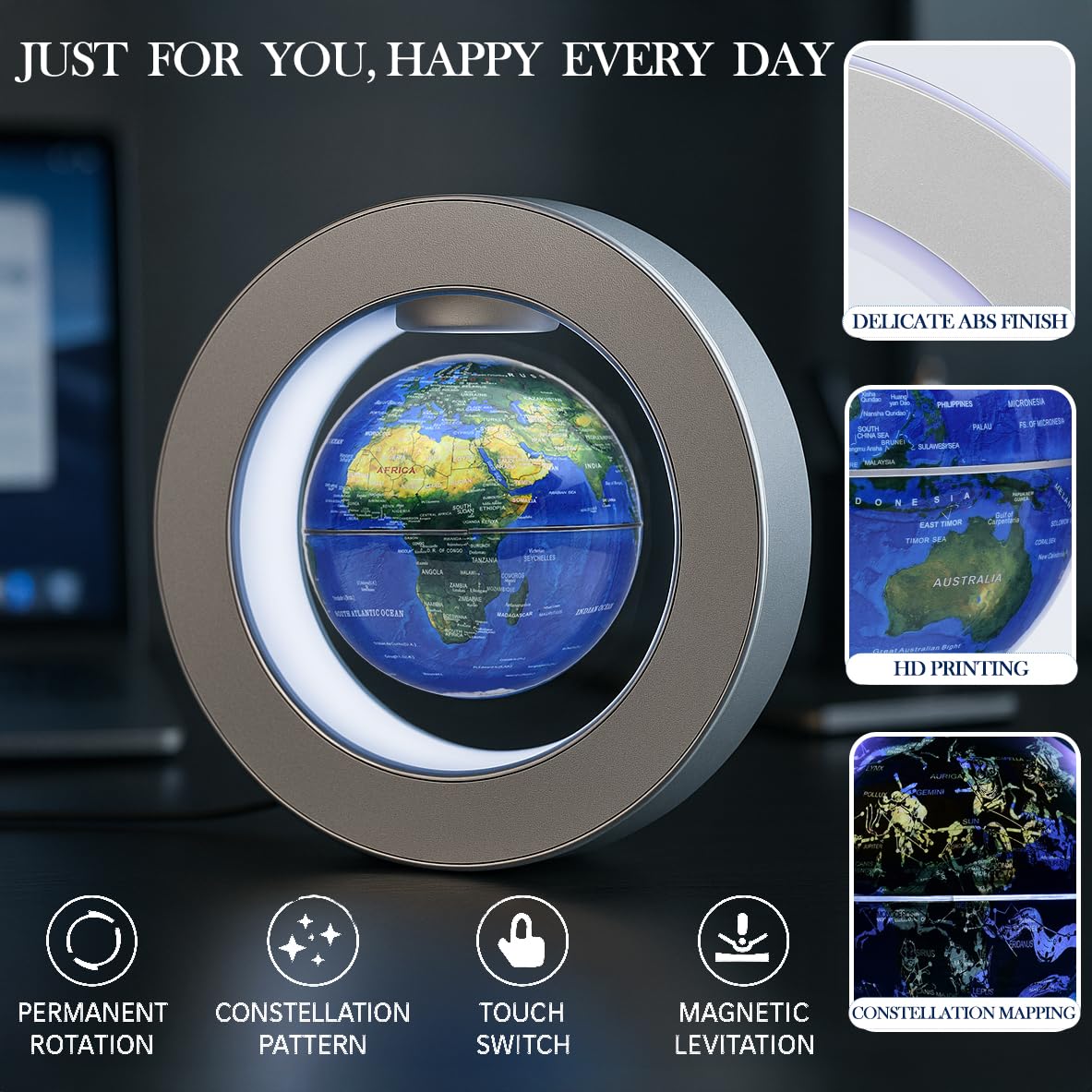 KAIMC Magnetic Levitation Floating Globe 4" Constellation Geography LED Lights Rotating for Kids,Cool Office Desk Un