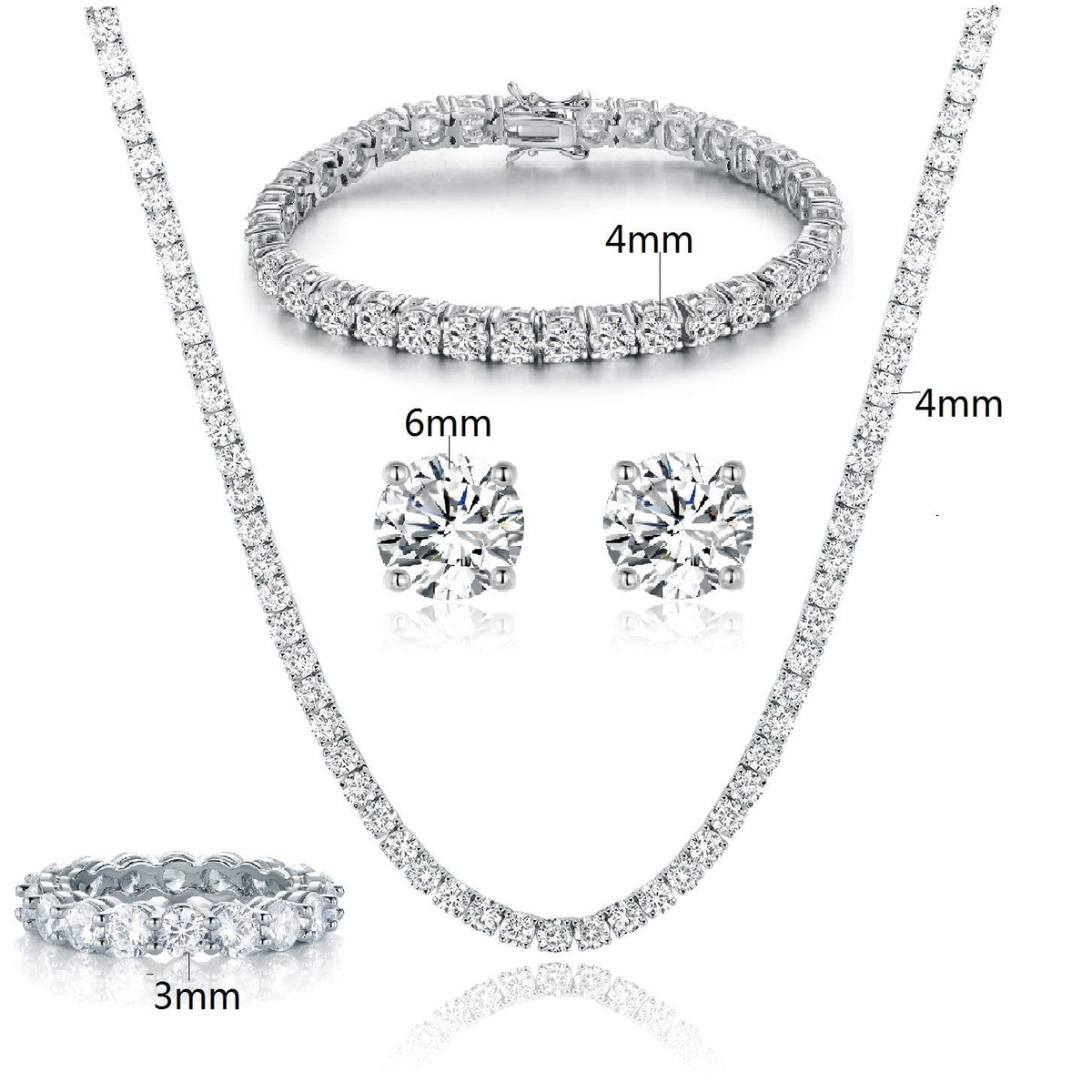 Gemsme 18K White Gold Plated Tennis Necklace/Bracelet/Earrings/Band Ring Sets Hypoallergenic Jewelry Pack of 4 – close-u