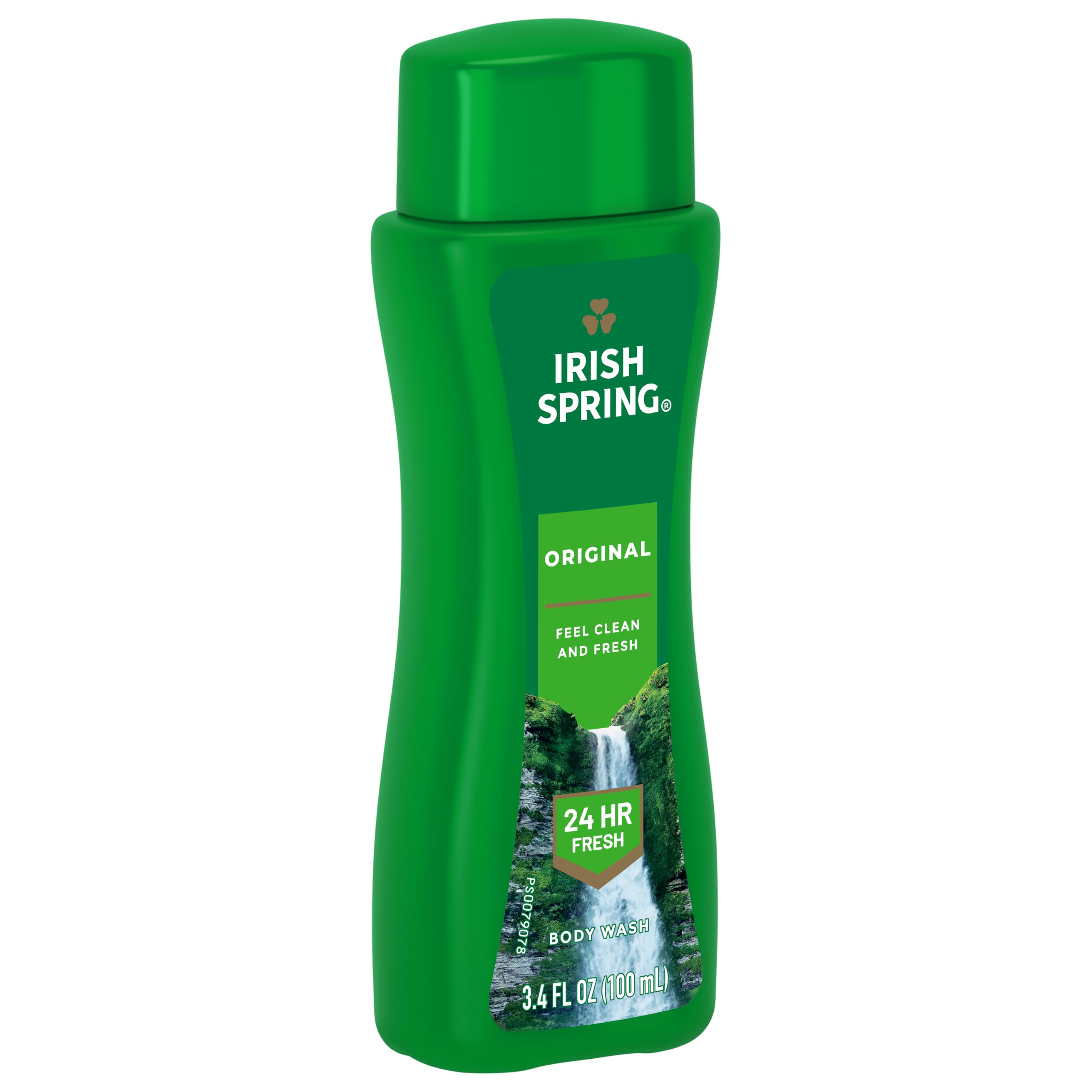 Irish Spring Original Body Wash for Men with cool fresh scent, 3.4 fl oz, skin cleaning gel in a green bottle