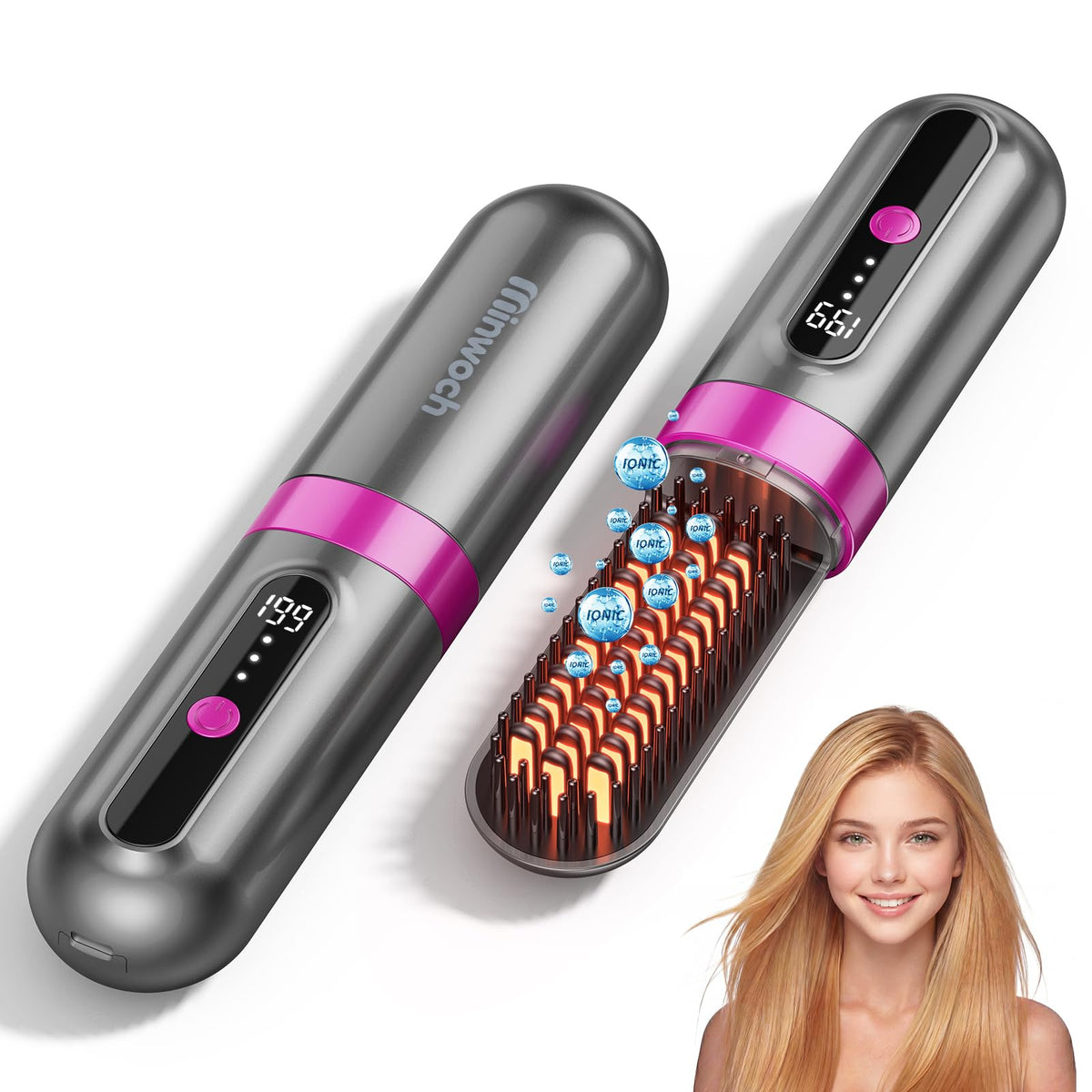Minwoch Go Brush Pro 2026 Upgraded Cordless Hair Straightener Brush for Women – Space Gray, Ceramic Tourmaline