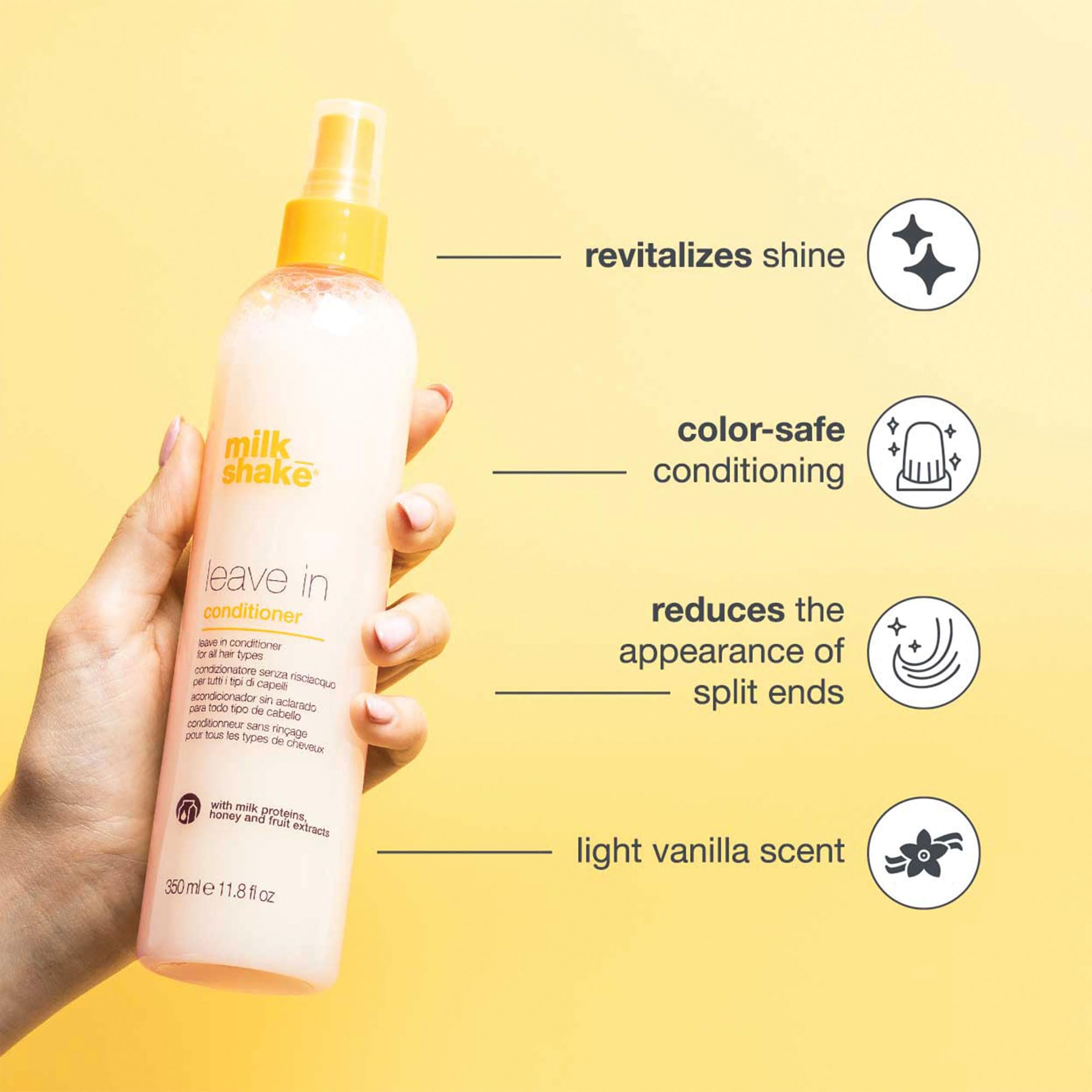 milk_shake Vanilla Leave-In Conditioner spray for detangling, 11.8 oz, showing the bottle with vanilla-themed packaging