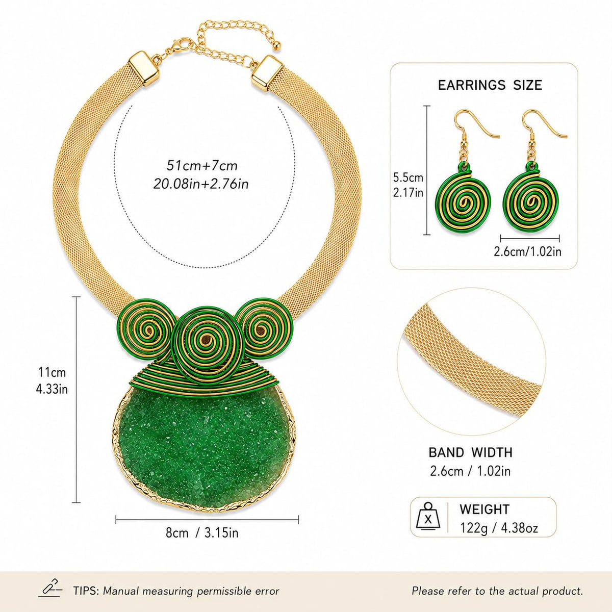 CETVLY Statement Necklace Set for Women, Wire Wrapped Stone Necklace with Crystal-Inspired Pendant, Chunky Boho Mesh Col