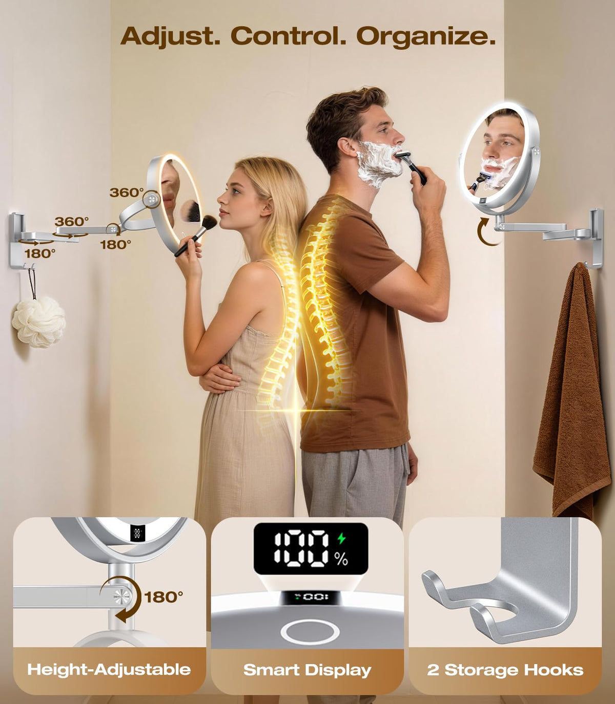 Gospire 8”Wall Mounted Lighted Makeup Mirror with Digital Display, 4000mAh – product photo (Makeup Mirrors)