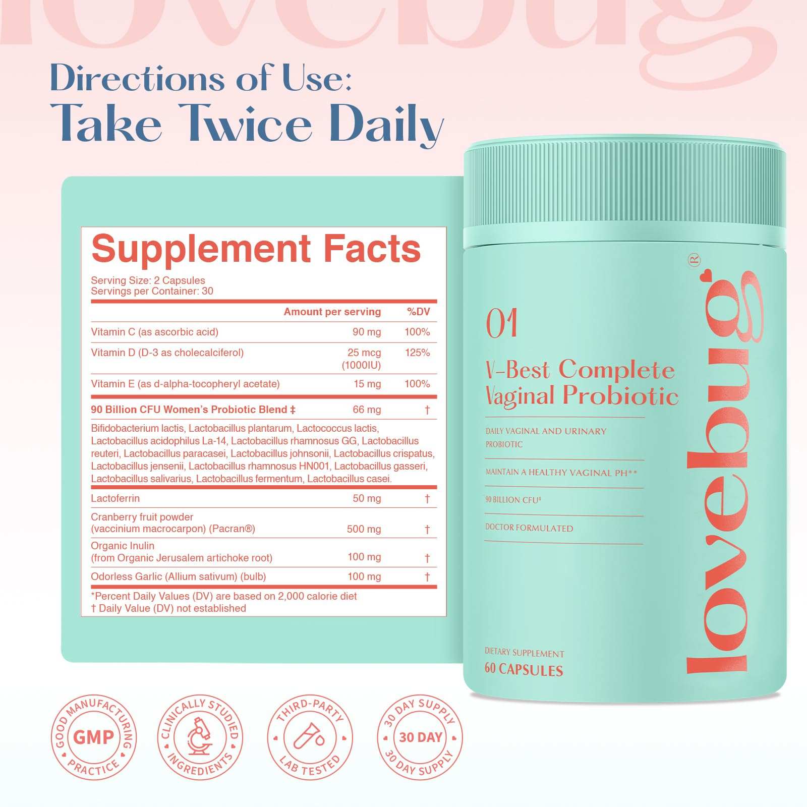 LoveBug Women's Health Lovebug V-Best Vaginal Probiotics bottle with 90 capsules, dietary supplement for women's health and balance