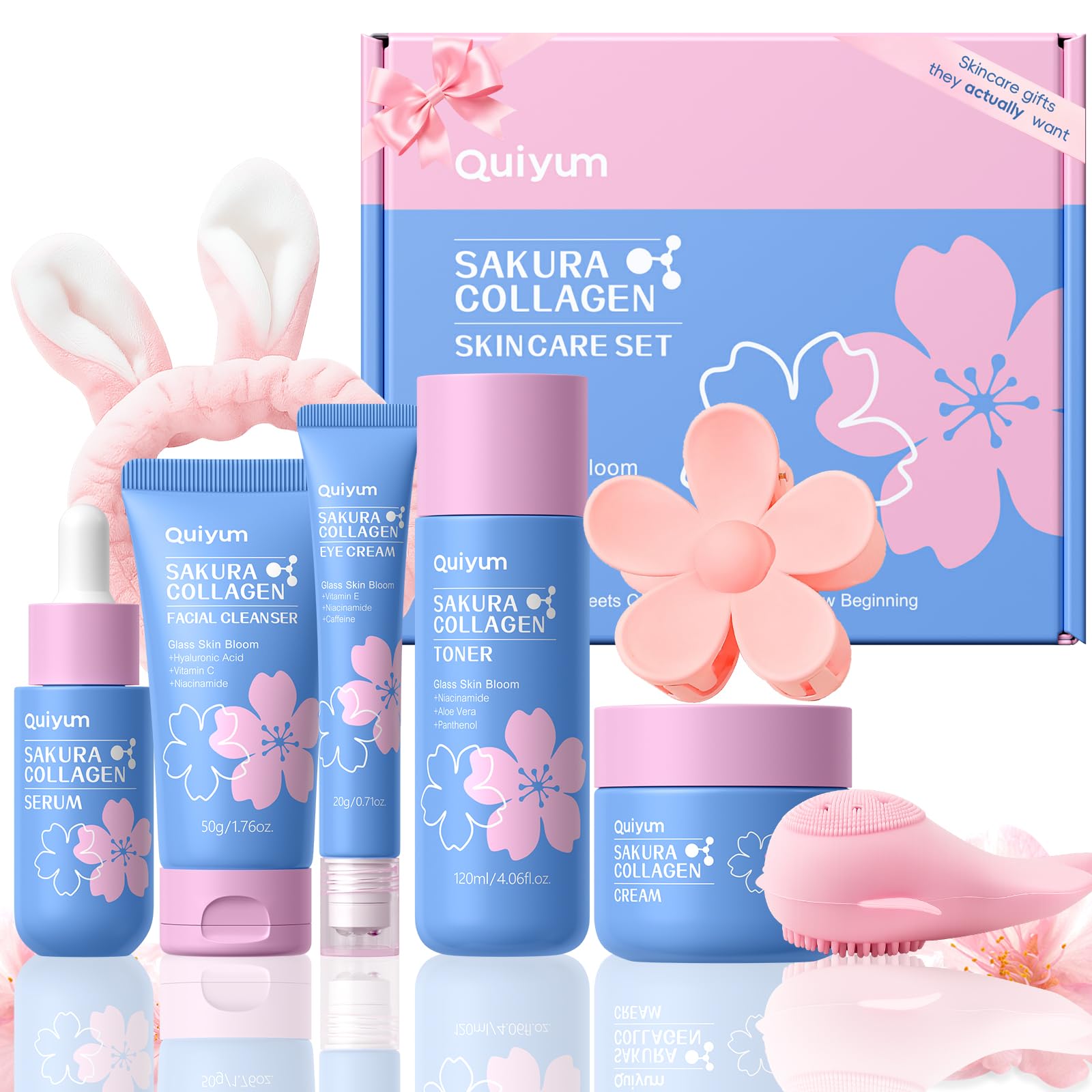 QUIYUM Sakura Collagen Skincare Set - 8-Piece Glass Skin Routine - Product Imagery