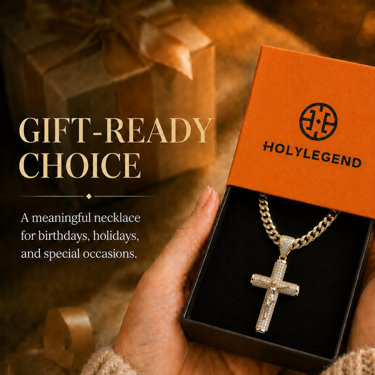 Holylegend 14K Gold-Plated Miami Chain Cross Necklace for Men with Luxury Gift Box, Jesus Christ Crucifix Pendant, Chris