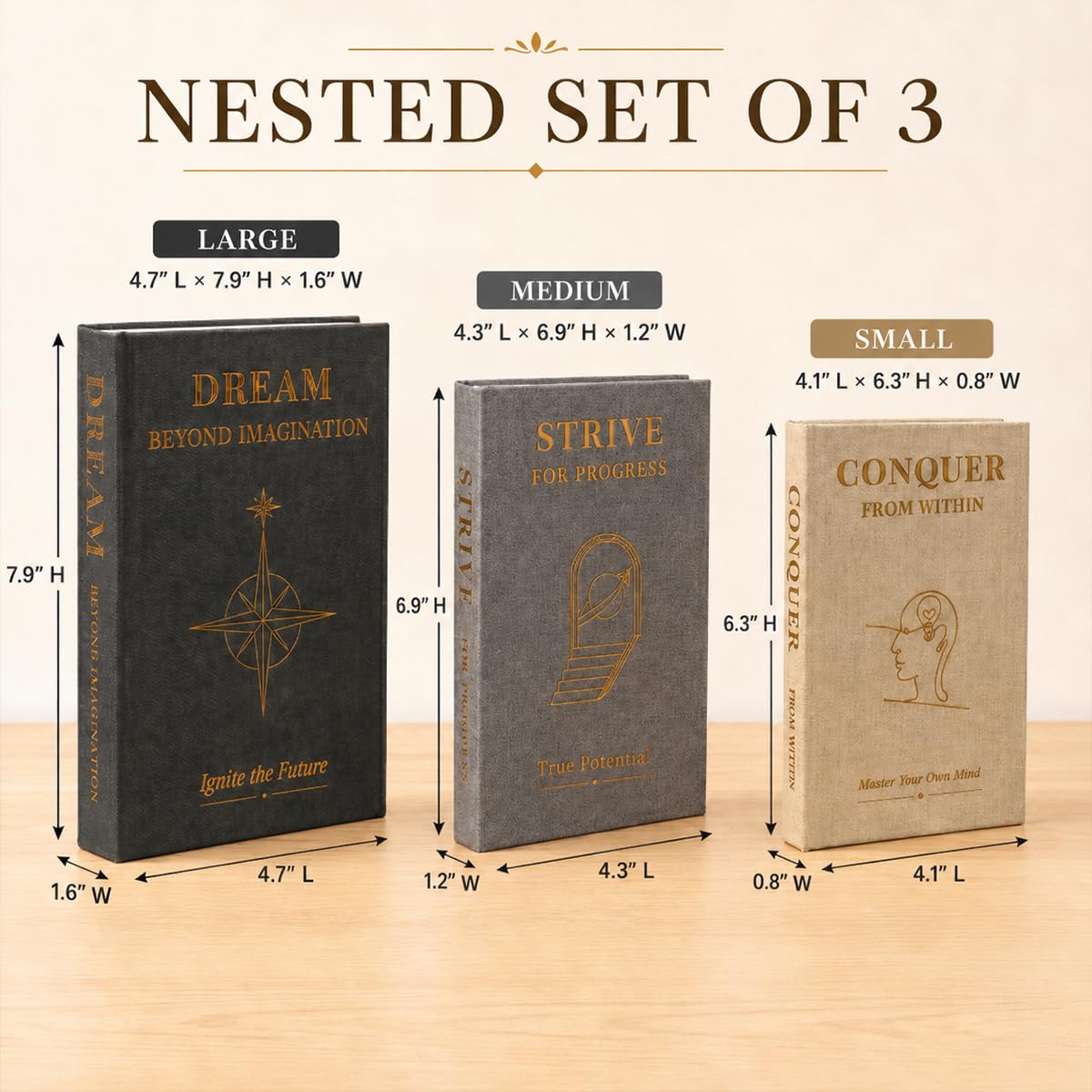 Oxdigi Decorative Books, Set of 3 Linen Coffee Table Books – close-up detail in Black-Gray-Beige