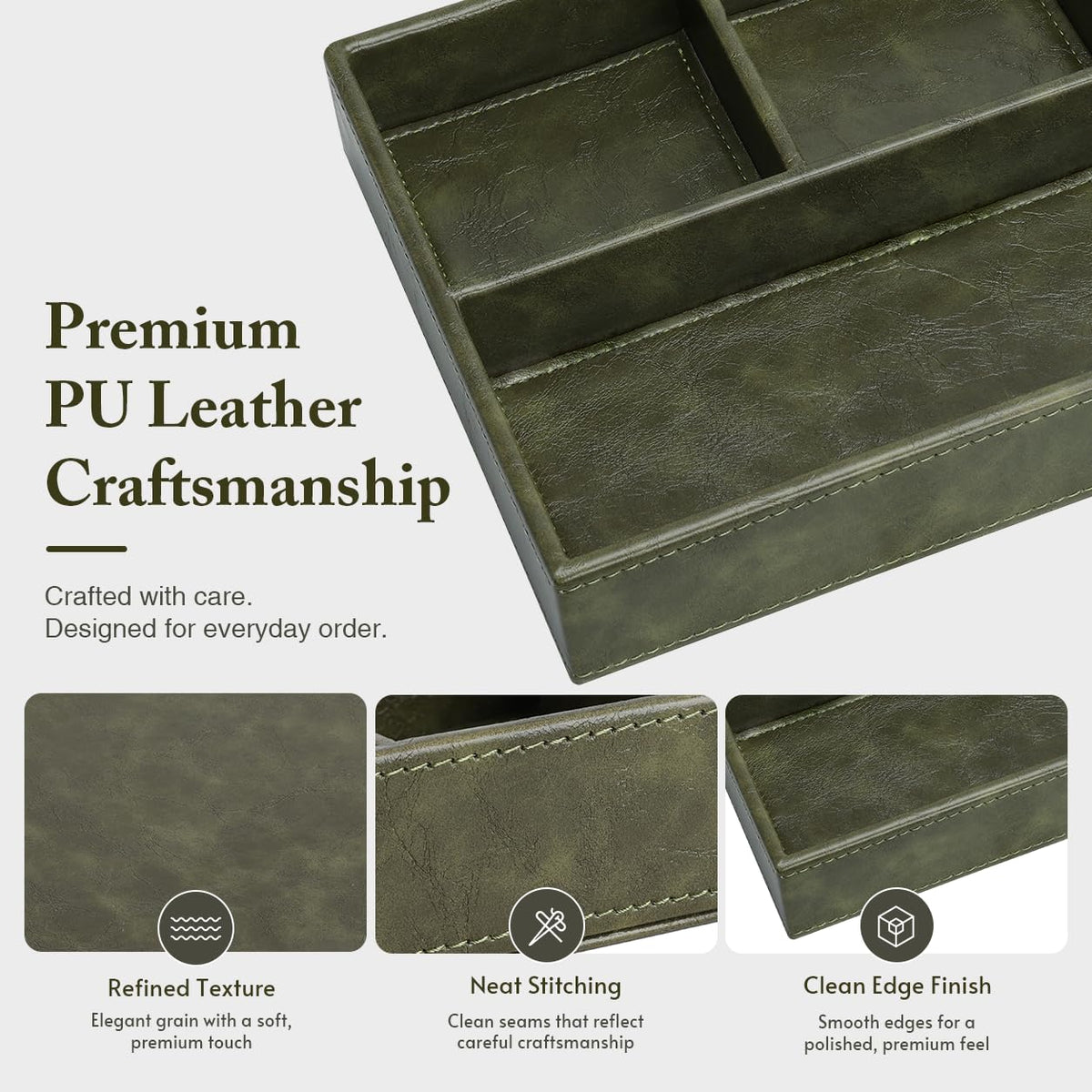 GORESE Valet Tray for Men, Leather Tray EDC Desk Organizer, Olive Green – full view