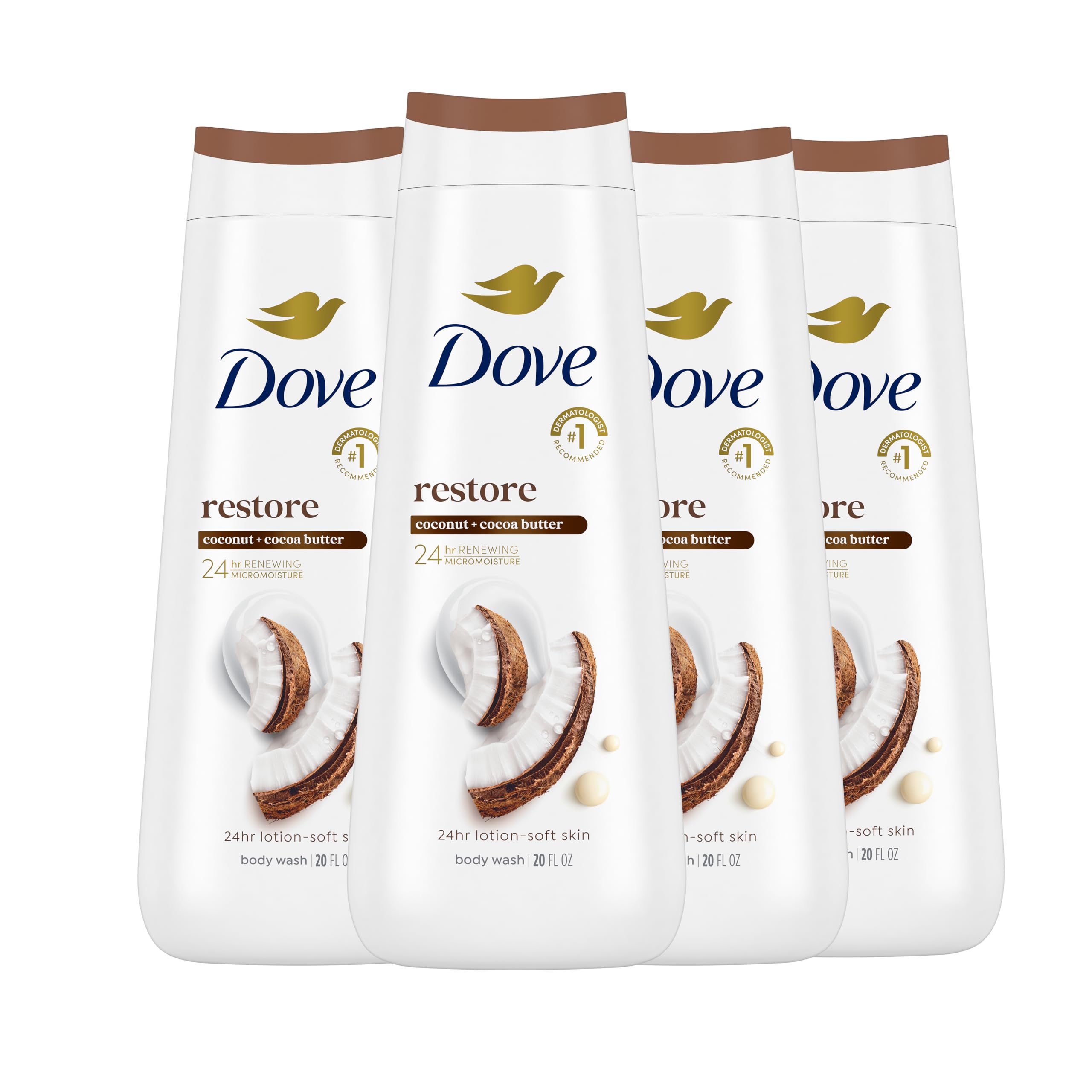 Dove Restoring Coconut & Cocoa Butter Body Wash four-pack, skin cleaning agent with nourishing ingredients, in bottles with labels.