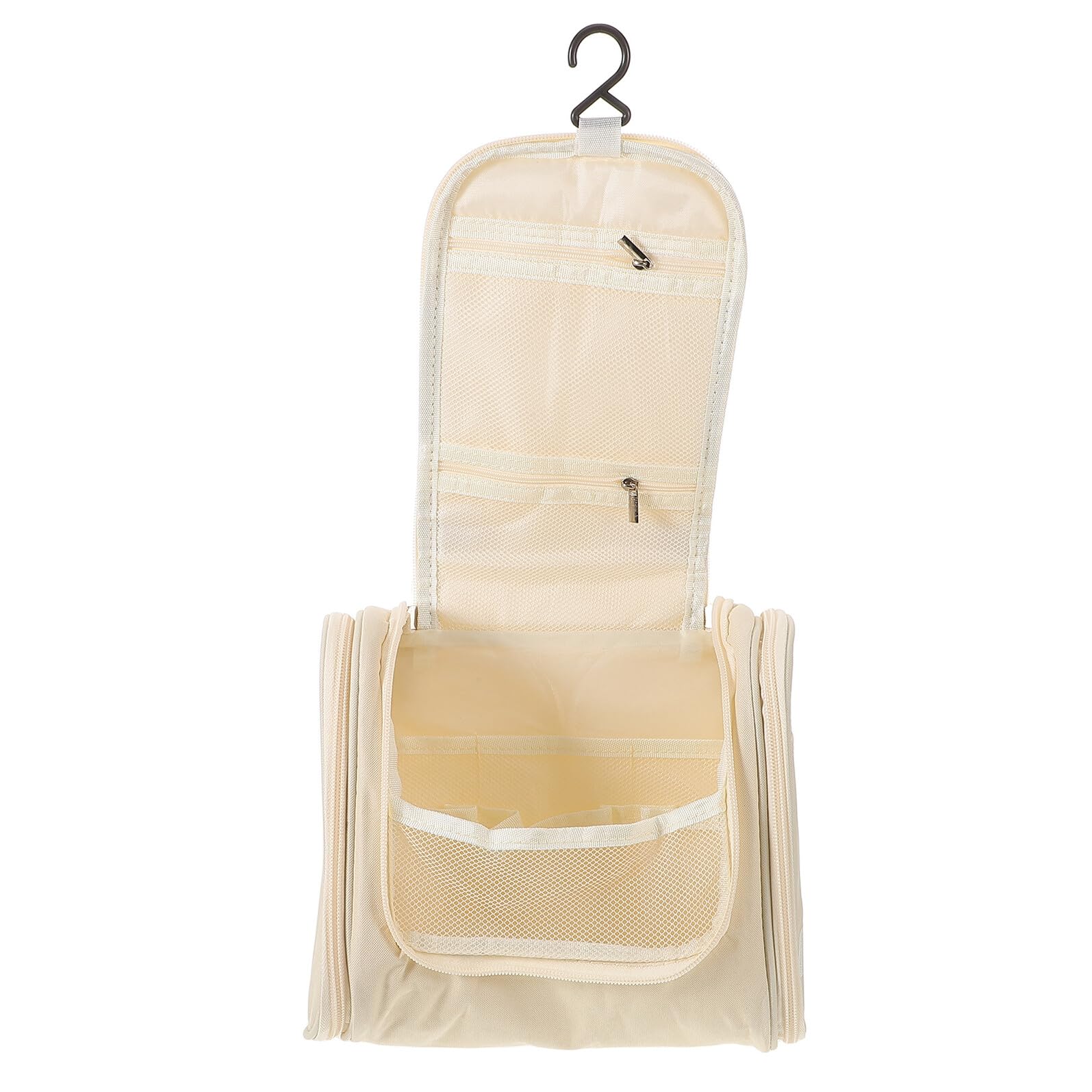 PartyKindom large waterproof cosmetic case with handle, beige travel makeup organizer for toiletries and skincare accessories.