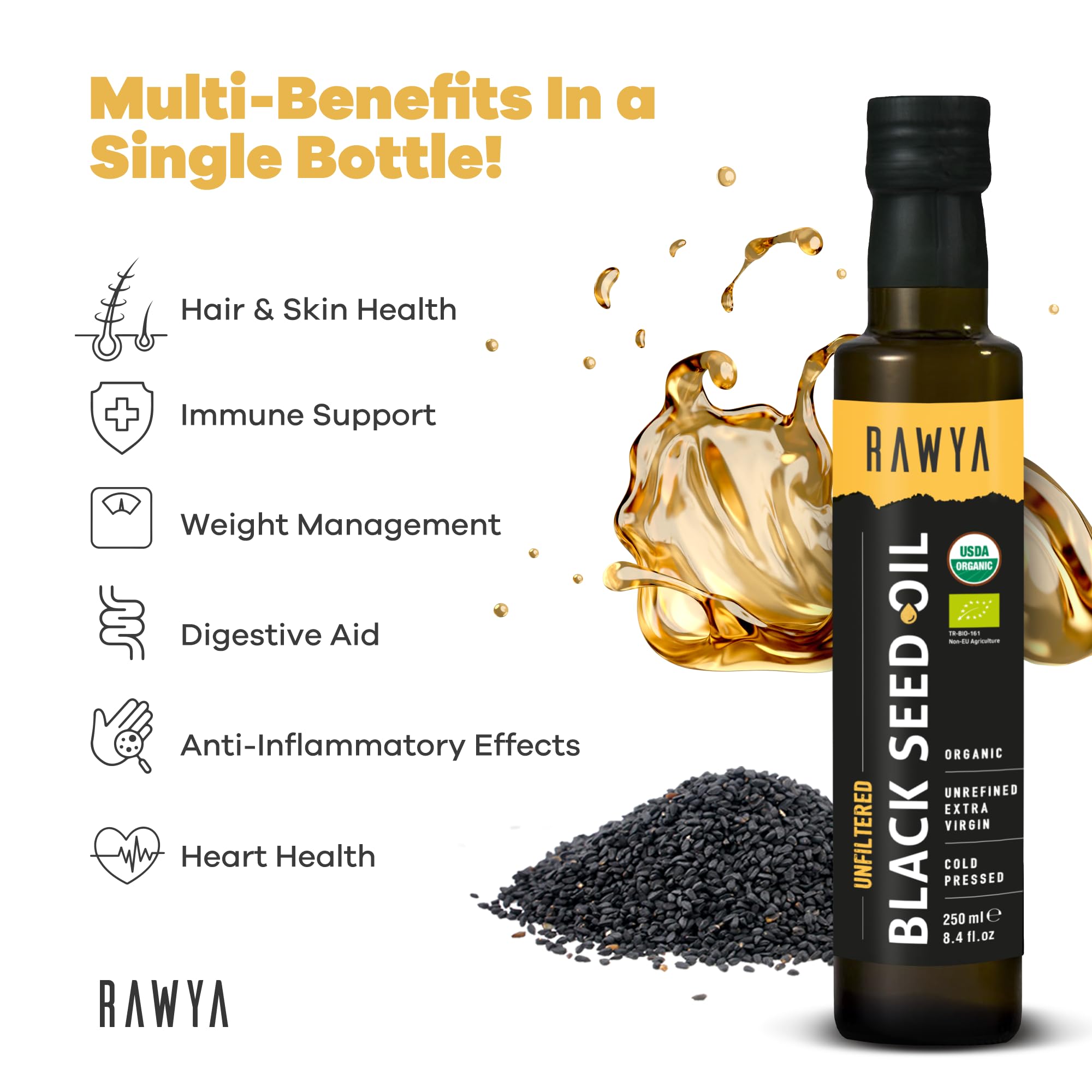RAWYA Black Seed Oil bottle, cold-pressed, unfiltered USDA organic edible vegetable oil in dark glass bottle on white background.