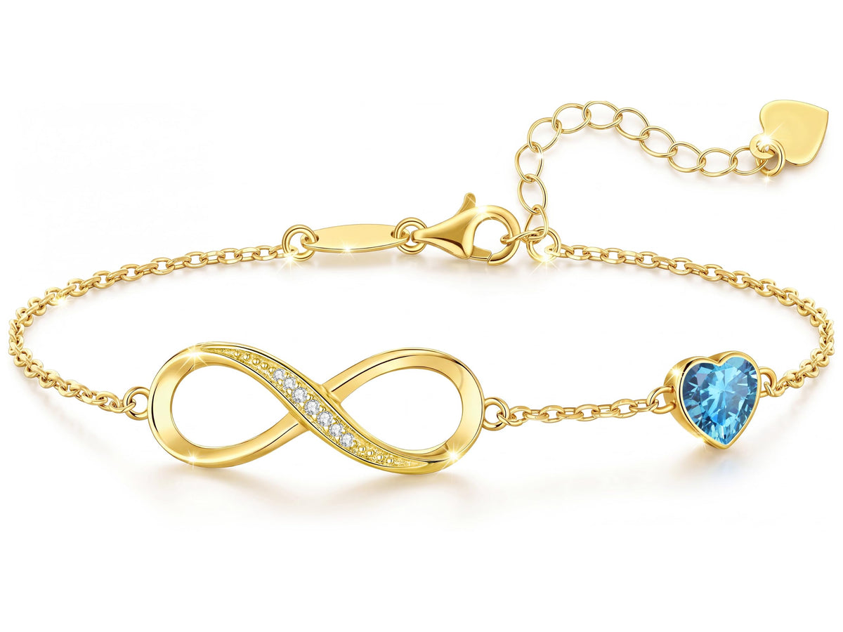 CDE Birthstone Infinity Bracelet 14K Gold Plated Jewelry Gift for Women – 03-Mar.-Aquamarine Blue, Medium