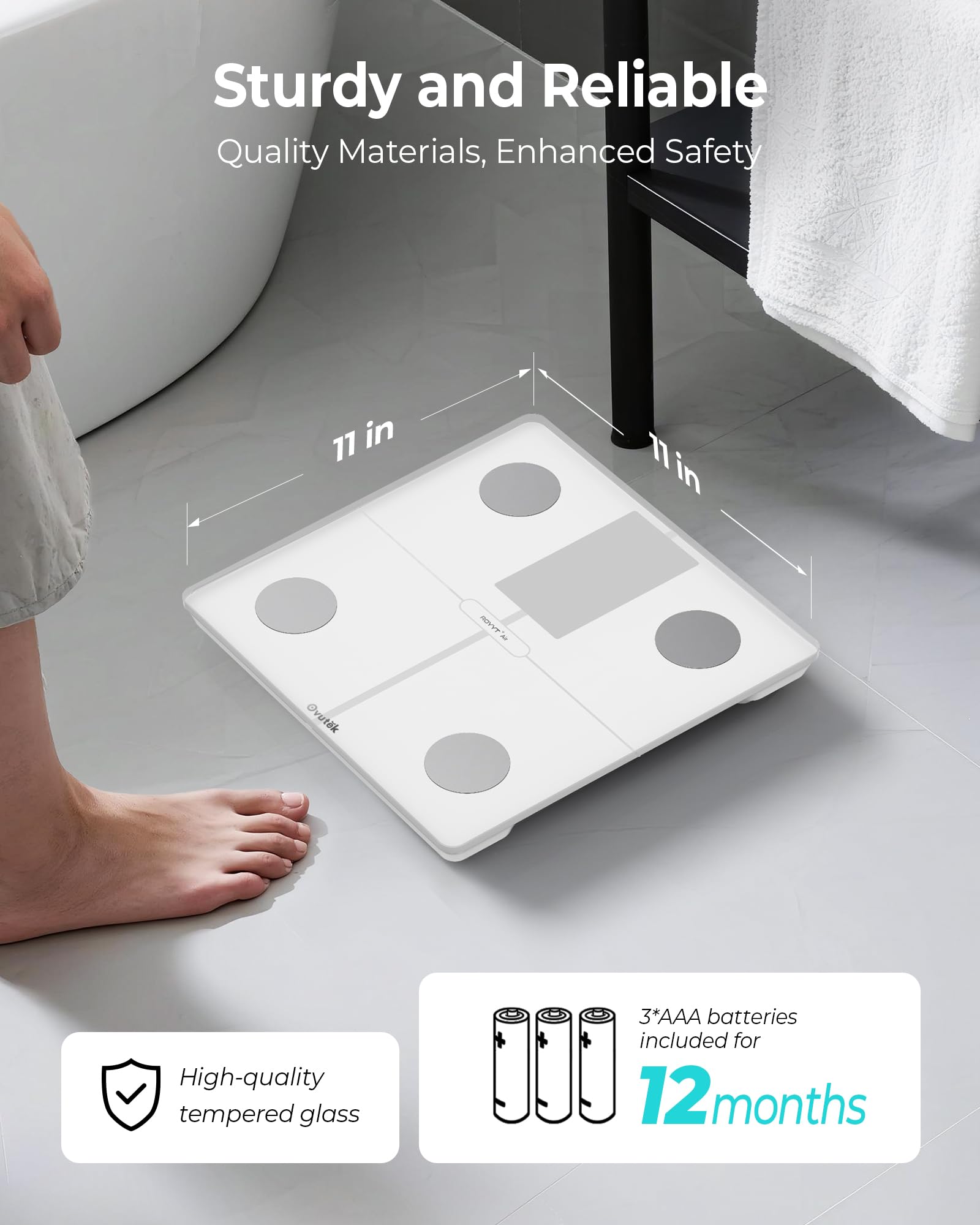 Ovutek smart digital scale displaying body weight, BMI, muscle mass, with a color-changing LED display on a white background.