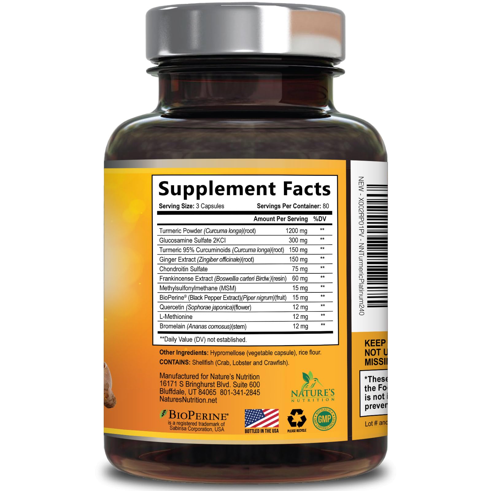 Turmeric Curcumin Supplement - 95% Curcuminoids with Glucosamine, Ginger & MSM, BioPerine Black Pepper Extract for Best Absorption, Natural Vegan Joint Support, Non-GMO, Bottled in USA - 240 Capsules