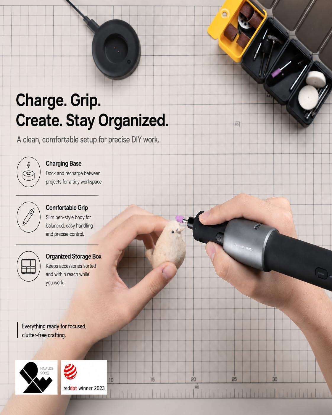 HOTO Cordless Rotary Tool Kit, 5-Speed for 3D Printer Sanding & DIY – packaging and label